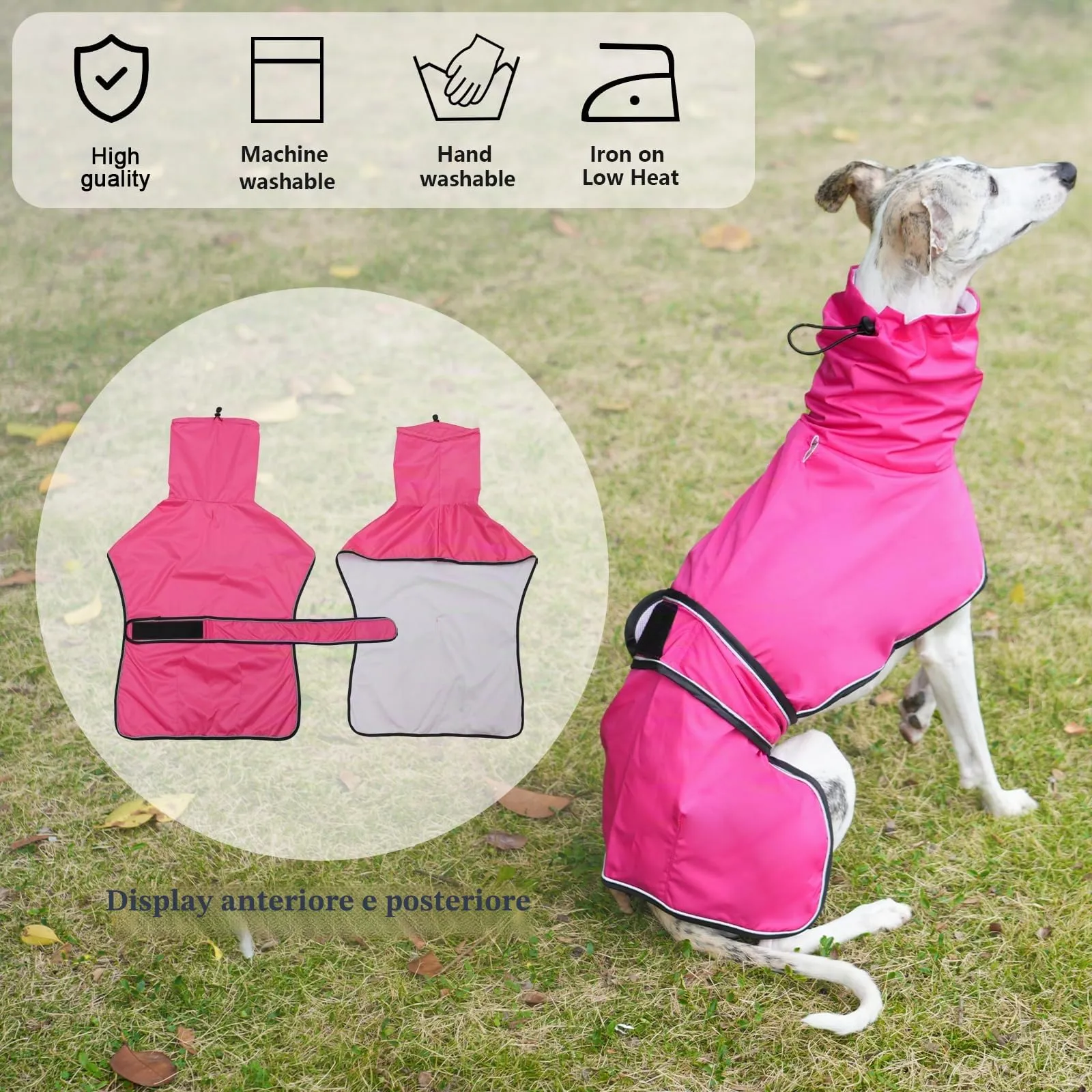 Geyecete Giacca Impermeabile per Cane, Regolabile con Cinghie Riflettenti e Foro Pettorina, per Levrieri, Lurcher e Whippet - Rosa - XL - immagine 5
