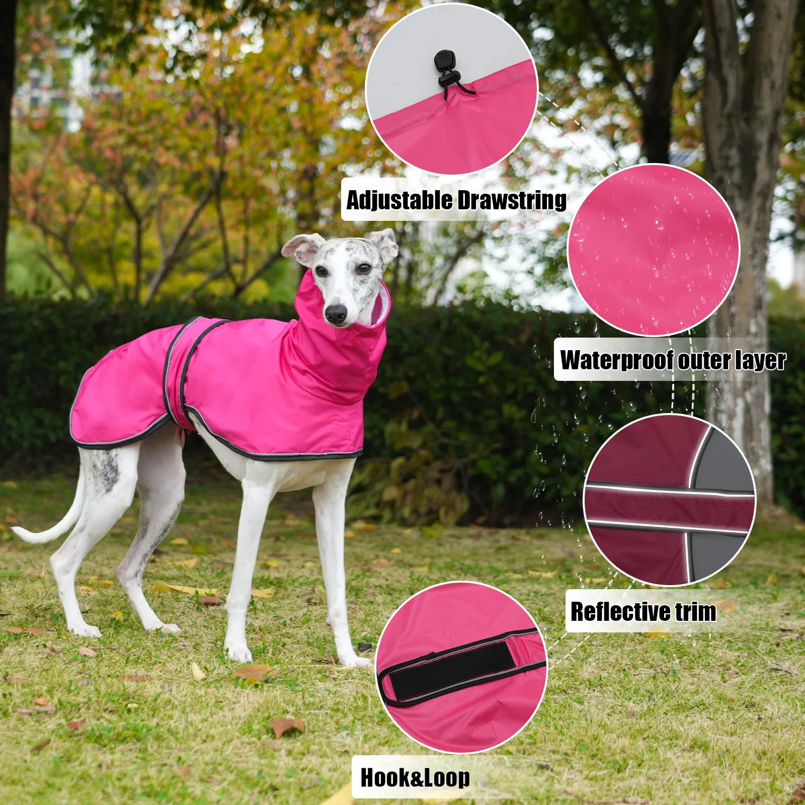 Geyecete Giacca Impermeabile per Cane, Regolabile e Leggera con Cinghie Riflettenti e Foro Pettorina, per Levrieri, Lurcher e Whippet, Rosa, XS - immagine 2