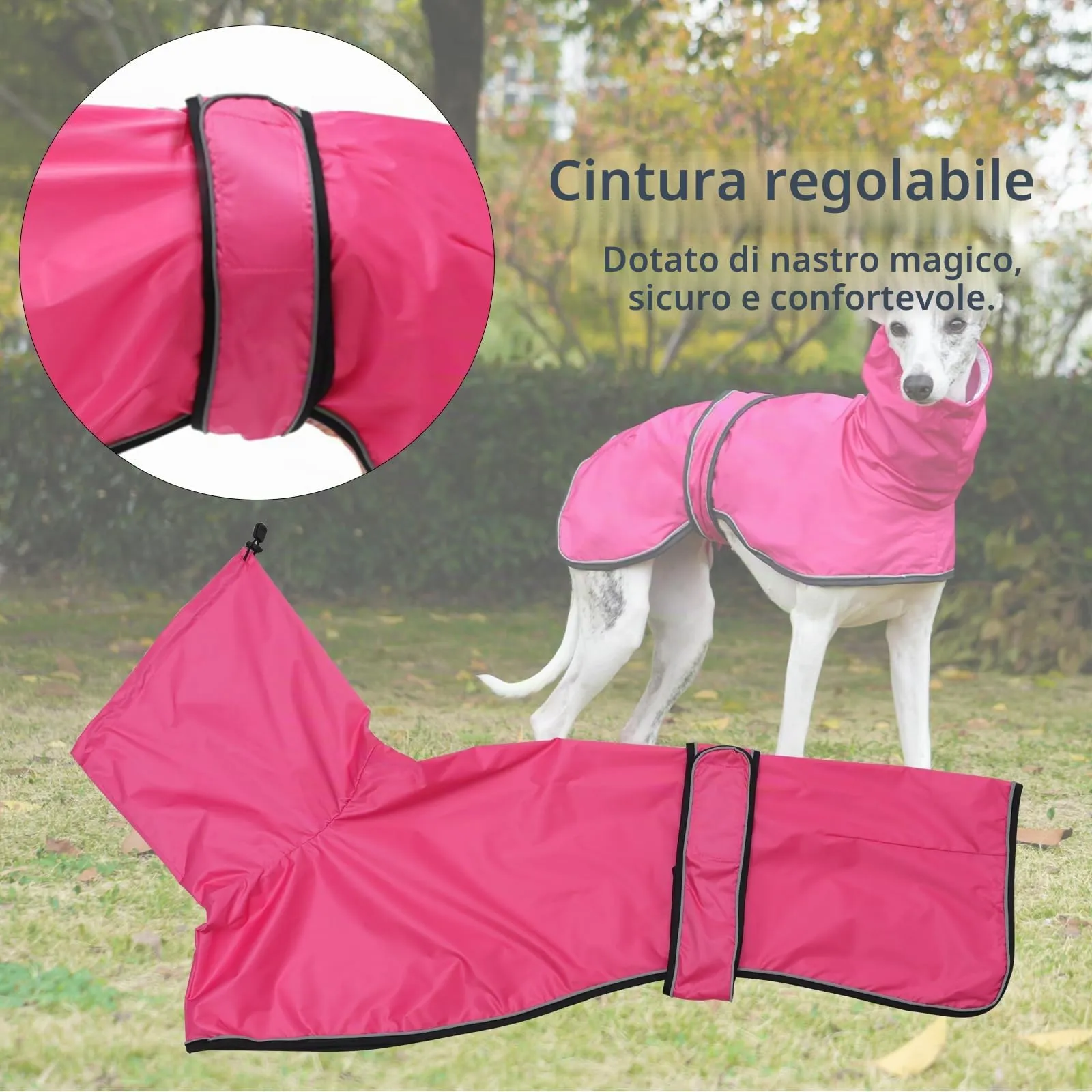 Geyecete Giacca Impermeabile per Cane, Regolabile e Leggera con Cinghie Riflettenti e Foro Pettorina per Levrieri, Lurcher e Whippet, Rosa, XXL - immagine 3