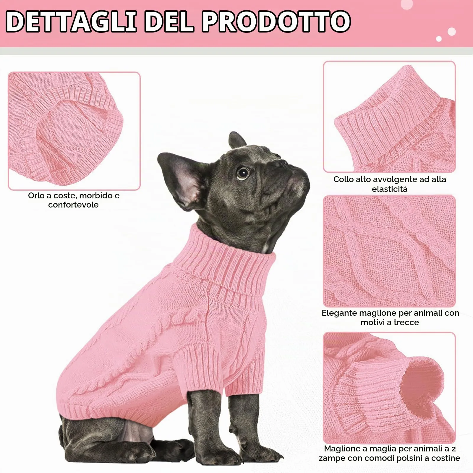 Queenmore Maglione a Treccia con Collo Alto per Cani e Gatti, Rosa, XS - immagine 3