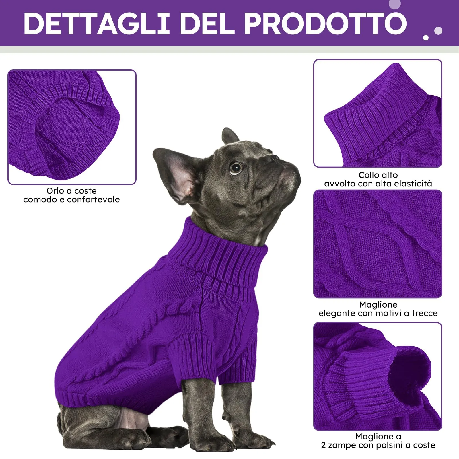 Queenmore Maglione per Cani in Maglia a Treccia, Viola, Taglia XS - immagine 3