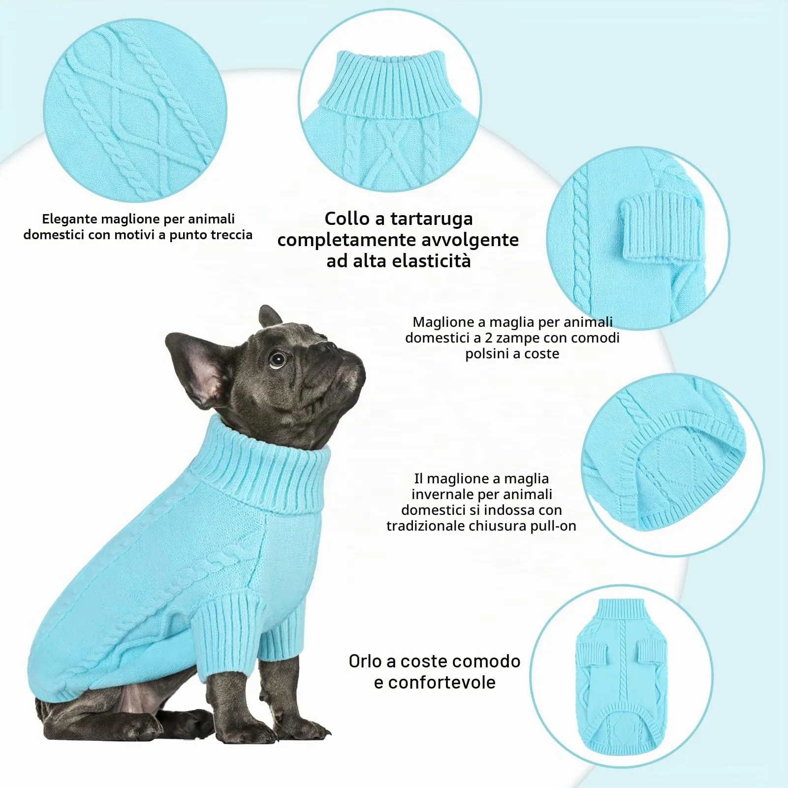 Queenmore Maglioncino per Cani a Treccia con Collo Alto, Blu Cielo, Taglia L - immagine 3