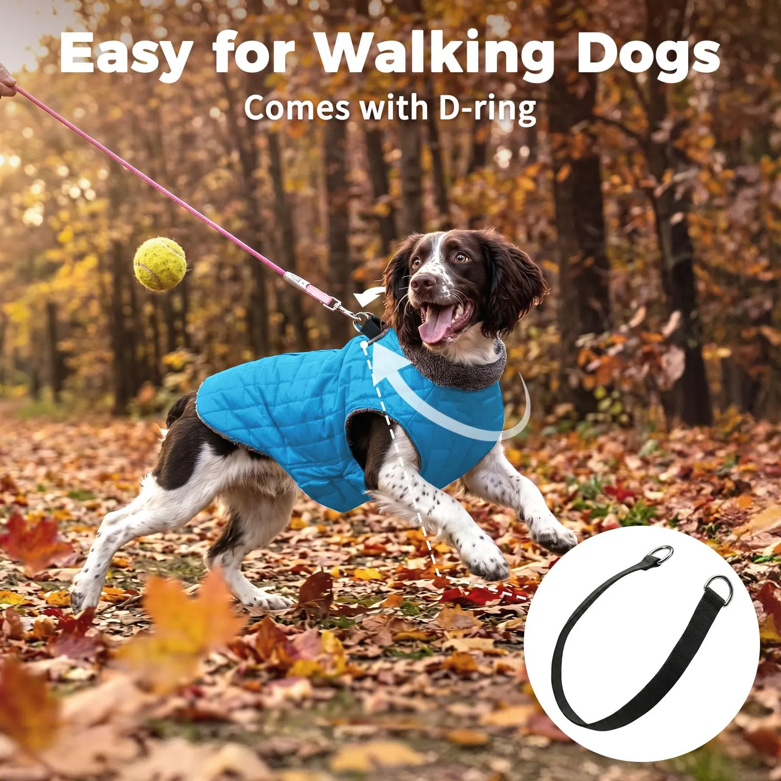JoyDaog Cappottino in pile impermeabile per cani con imbracatura e anello a D, celeste, L - immagine 8