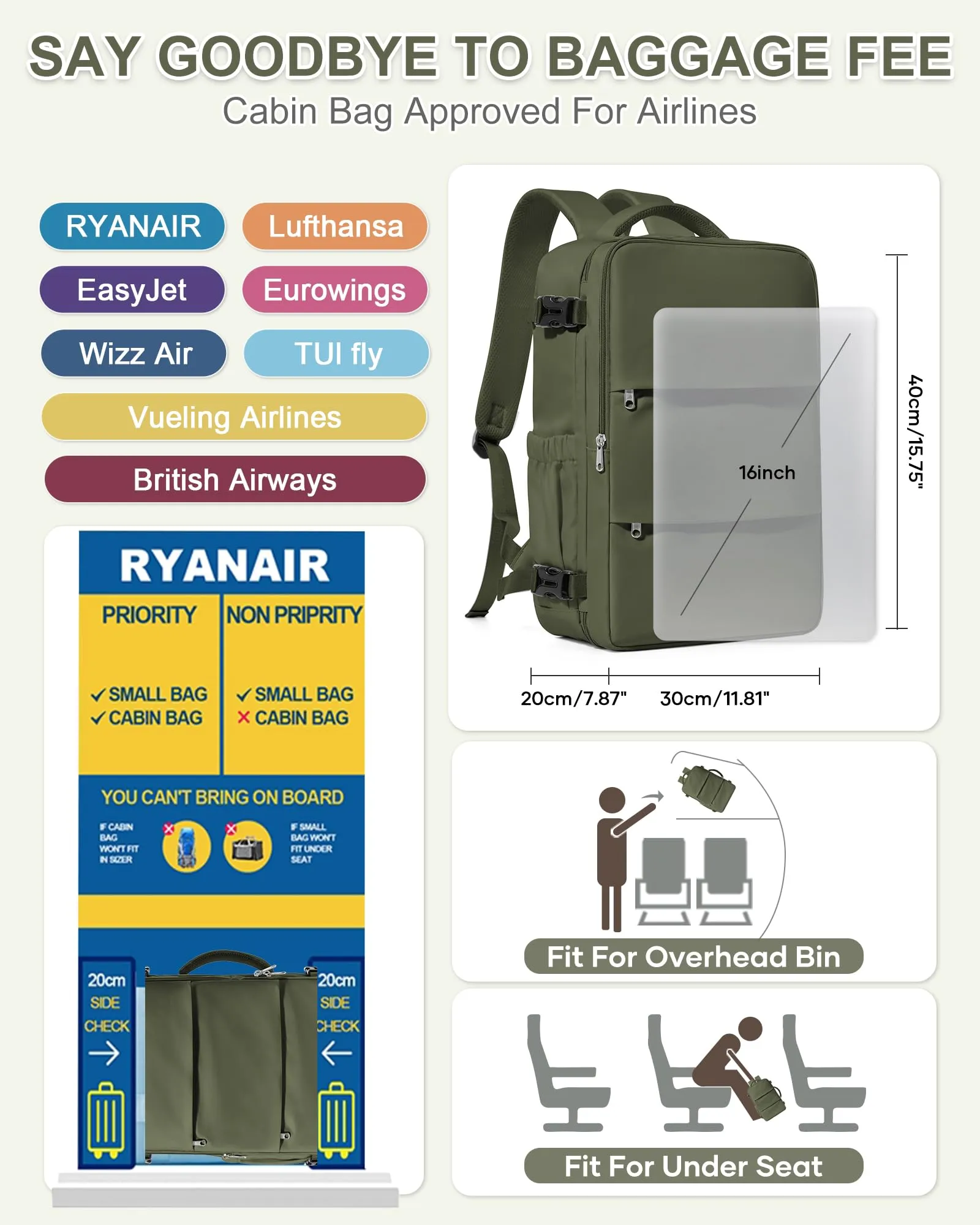BJLFS Zaino da Viaggio Bagaglio a Mano 40x30x20 per Ryanair e Wizzair - immagine 3