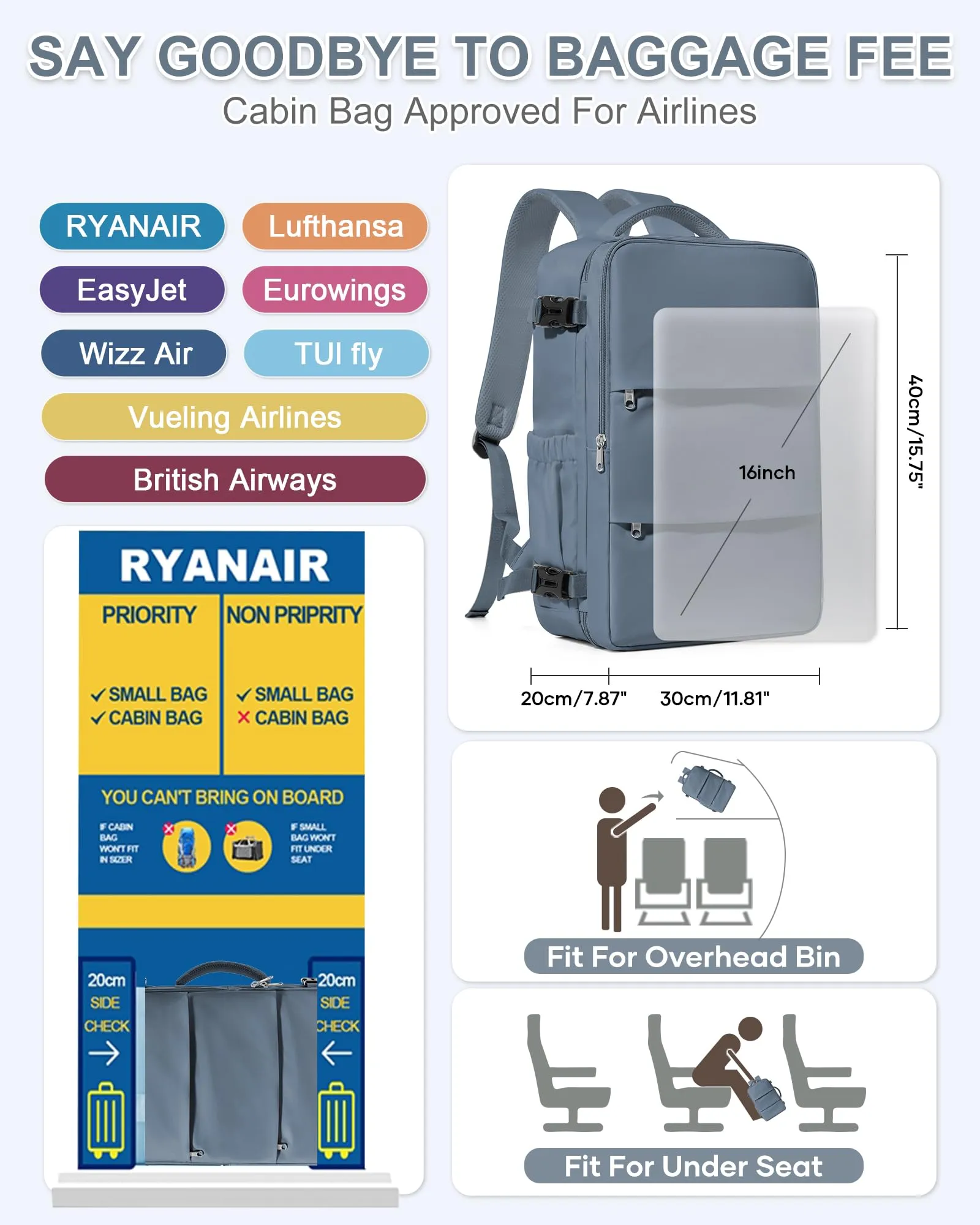 BJLFS Zaino da Viaggio Bagaglio a Mano 40x30x20 per Ryanair e Wizzair - immagine 3