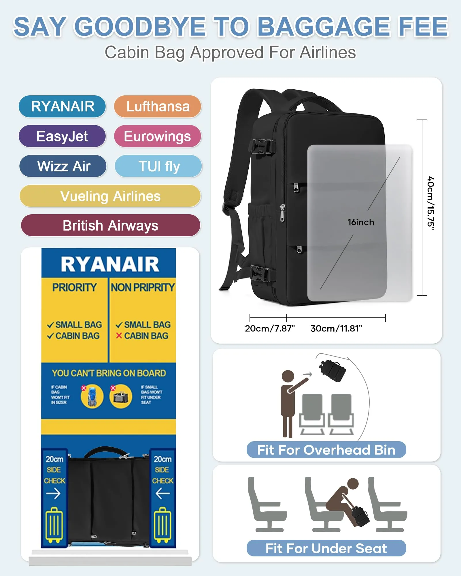 BJLFS Zaino da Viaggio Bagaglio a Mano 40x30x20 Ryanair e Wizzair - immagine 3