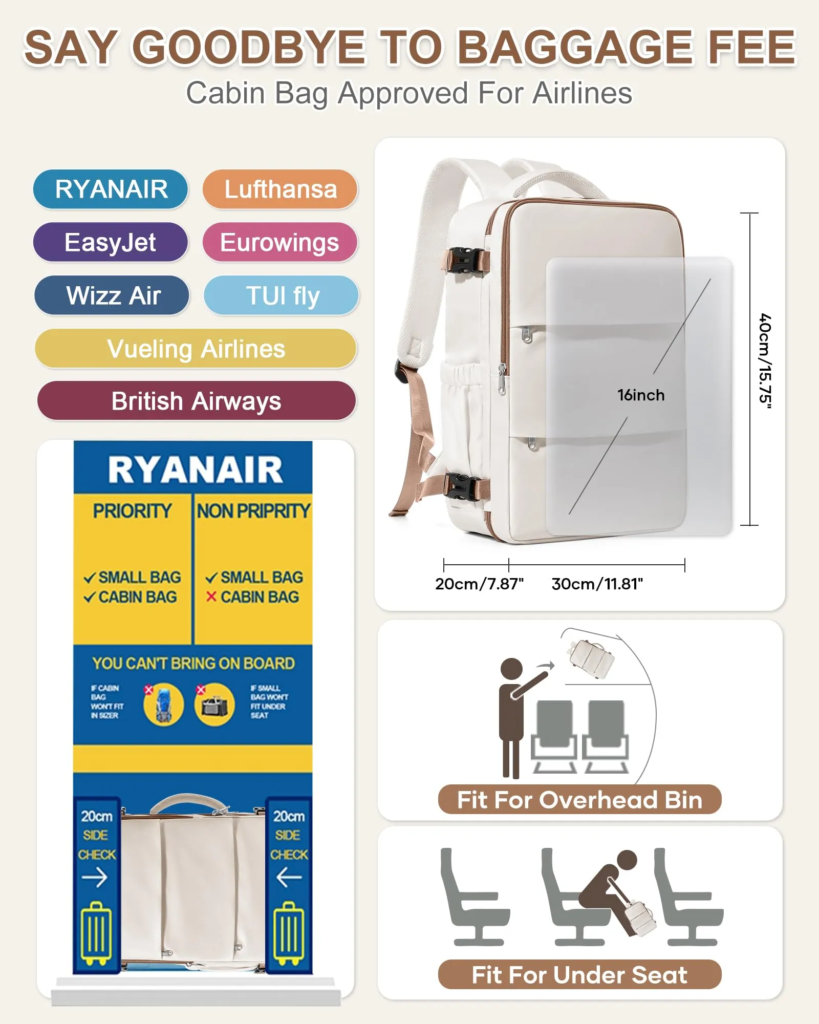 BJLFS Zaino da Viaggio Bagaglio a Mano 40x30x20 Ryanair Wizzair - immagine 3
