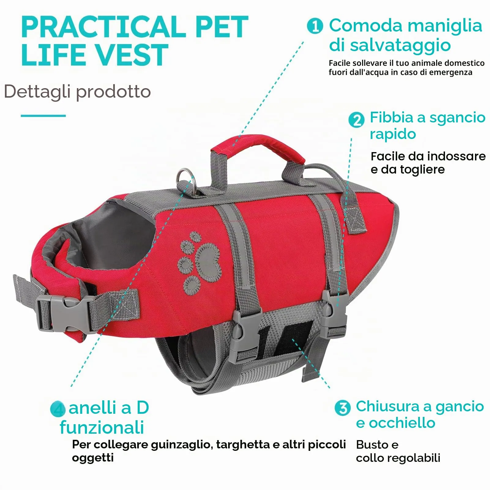 Queenmore Salvagente per Cani Grandi con Maniglia di Salvataggio, Rosso, Taglia L - immagine 2