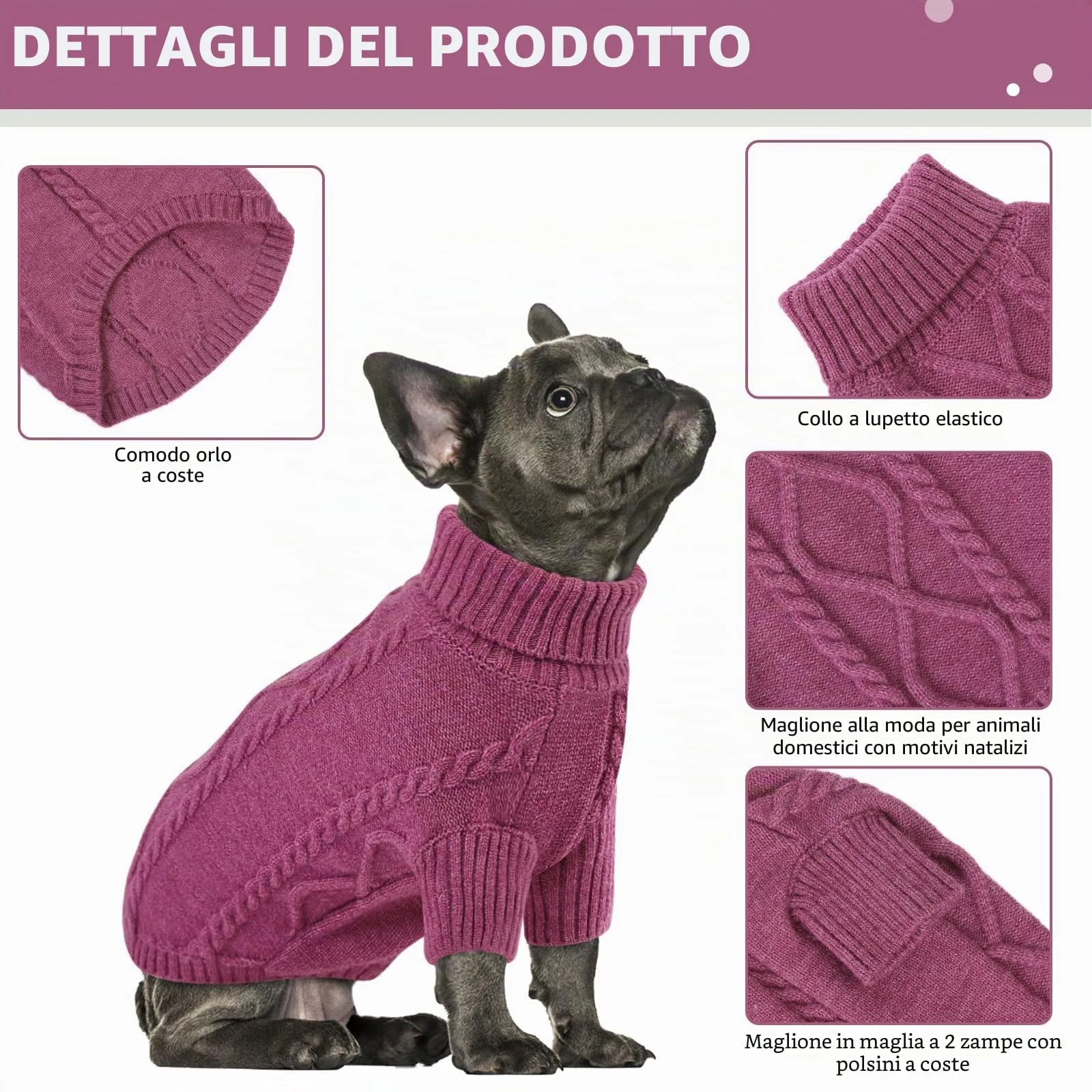 Queenmore Maglioncino per Cani Collo Alto a Treccia, Taglia XL, Prugna - immagine 4