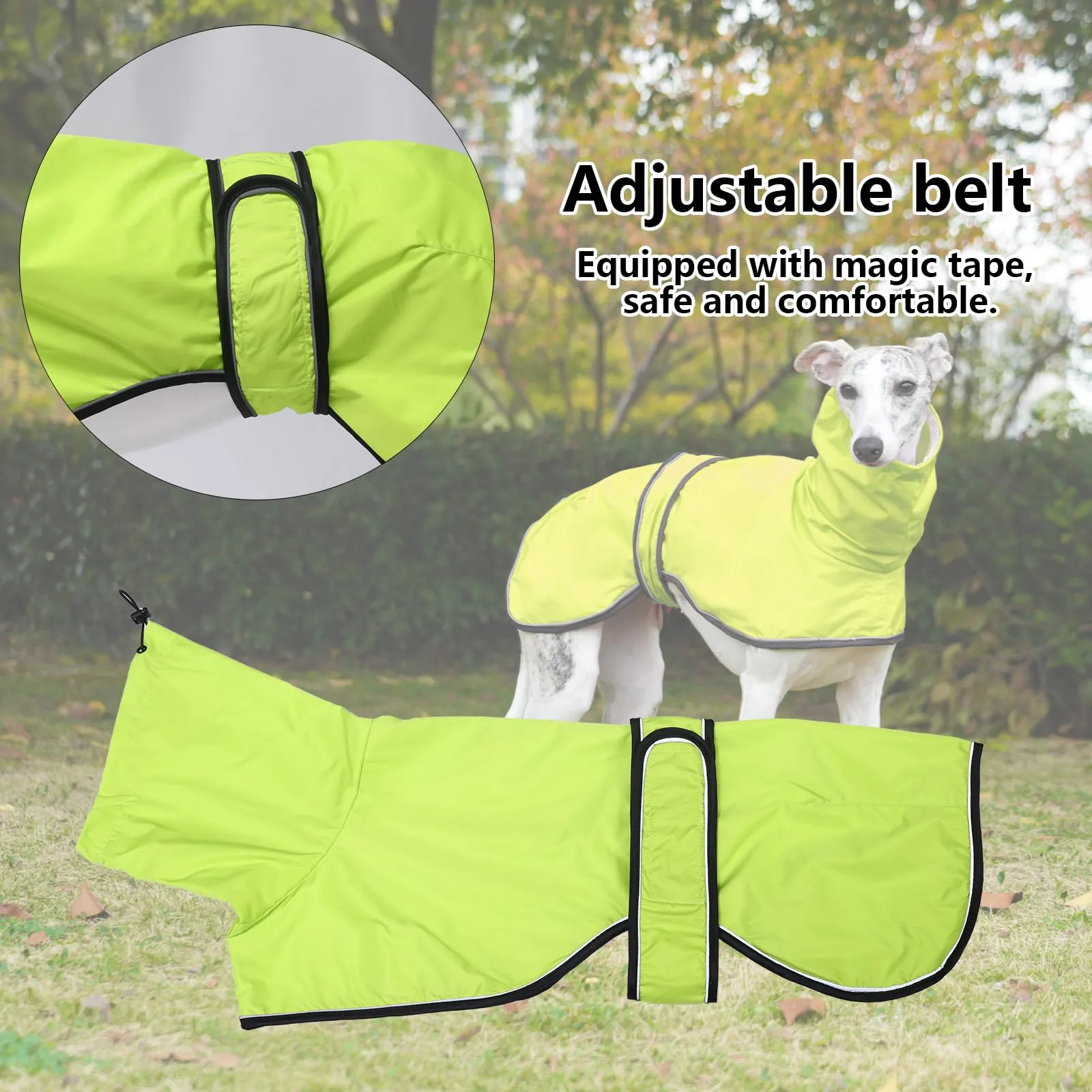 Geyecete Giacca Impermeabile per Cane Regolabile con Cinghie Riflettenti e Foro Pettorina, per Levrieri, Lurcher e Whippets - Verde - XXL - immagine 3