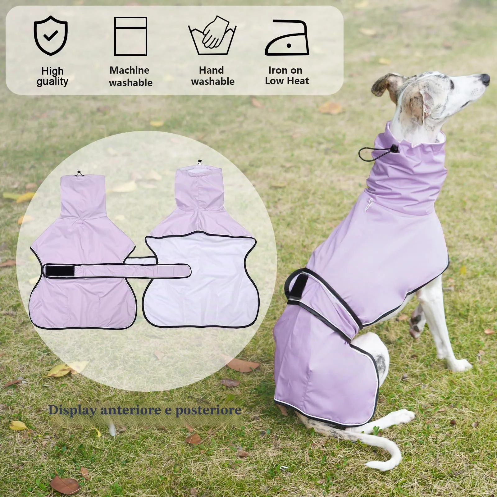 Geyecete Giacca Impermeabile per Cane, Regolabile e Leggera con Cinghie Riflettenti e Foro Pettorina, per Levrieri, Lurcher e Whippet, Viola, M - immagine 5