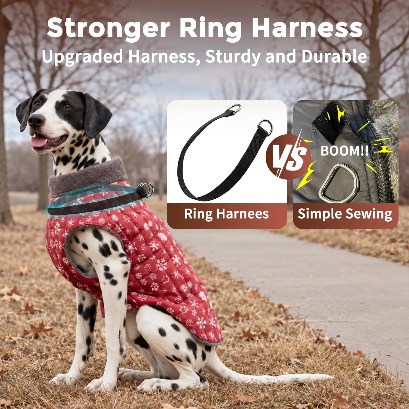 JoyDaog Cappottino per cani in pile impermeabile con pettorina integrata, Rosso Motivo Neve, Taglia L - immagine 3