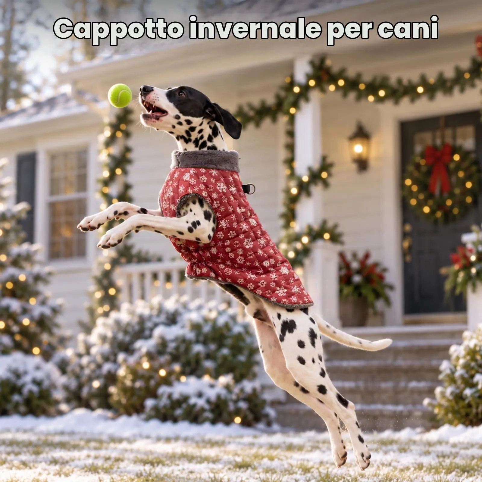 JoyDaog Cappottino invernale per cani in pile con pettorina integrata, impermeabile, rosso motivo neve, taglia S - immagine 2