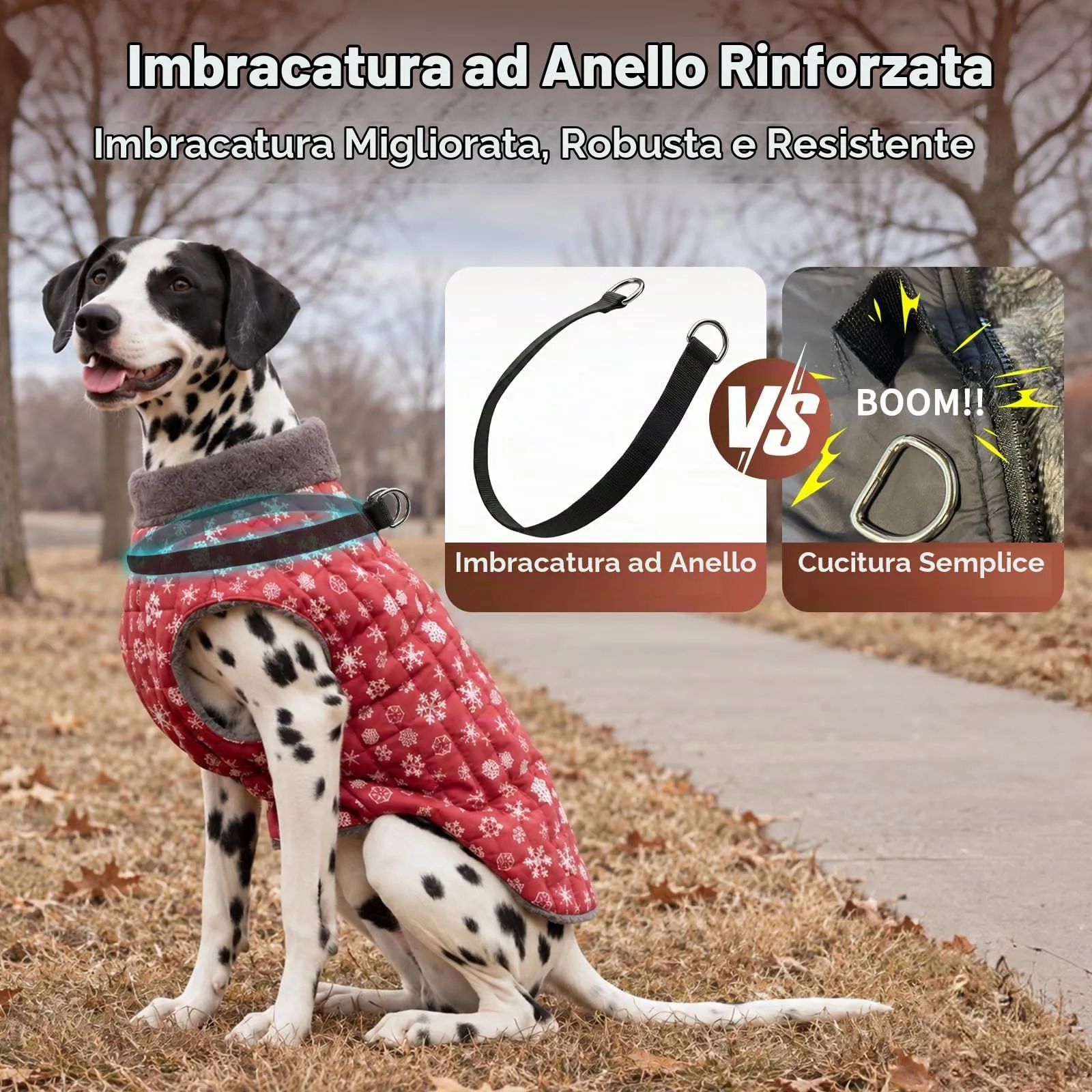 JoyDaog Cappottino invernale per cani in pile con pettorina integrata, impermeabile, rosso motivo neve, taglia S - immagine 3