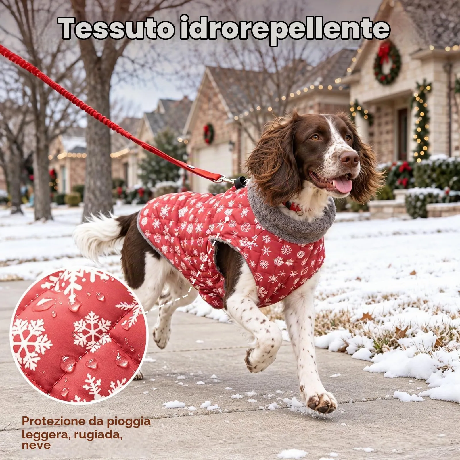 JoyDaog Cappottino invernale per cani in pile con pettorina integrata, impermeabile, rosso motivo neve, taglia S - immagine 5