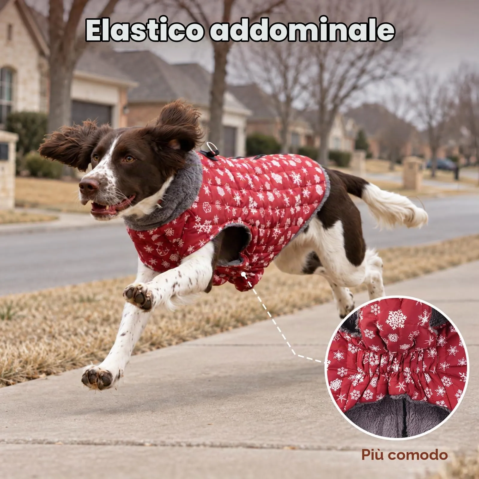 JoyDaog Cappottino invernale per cani in pile con pettorina integrata, impermeabile, rosso motivo neve, taglia S - immagine 7