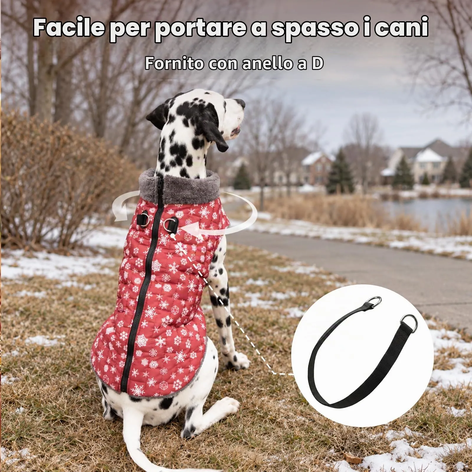 JoyDaog Cappottino invernale per cani in pile con pettorina integrata, impermeabile, rosso motivo neve, taglia S - immagine 8