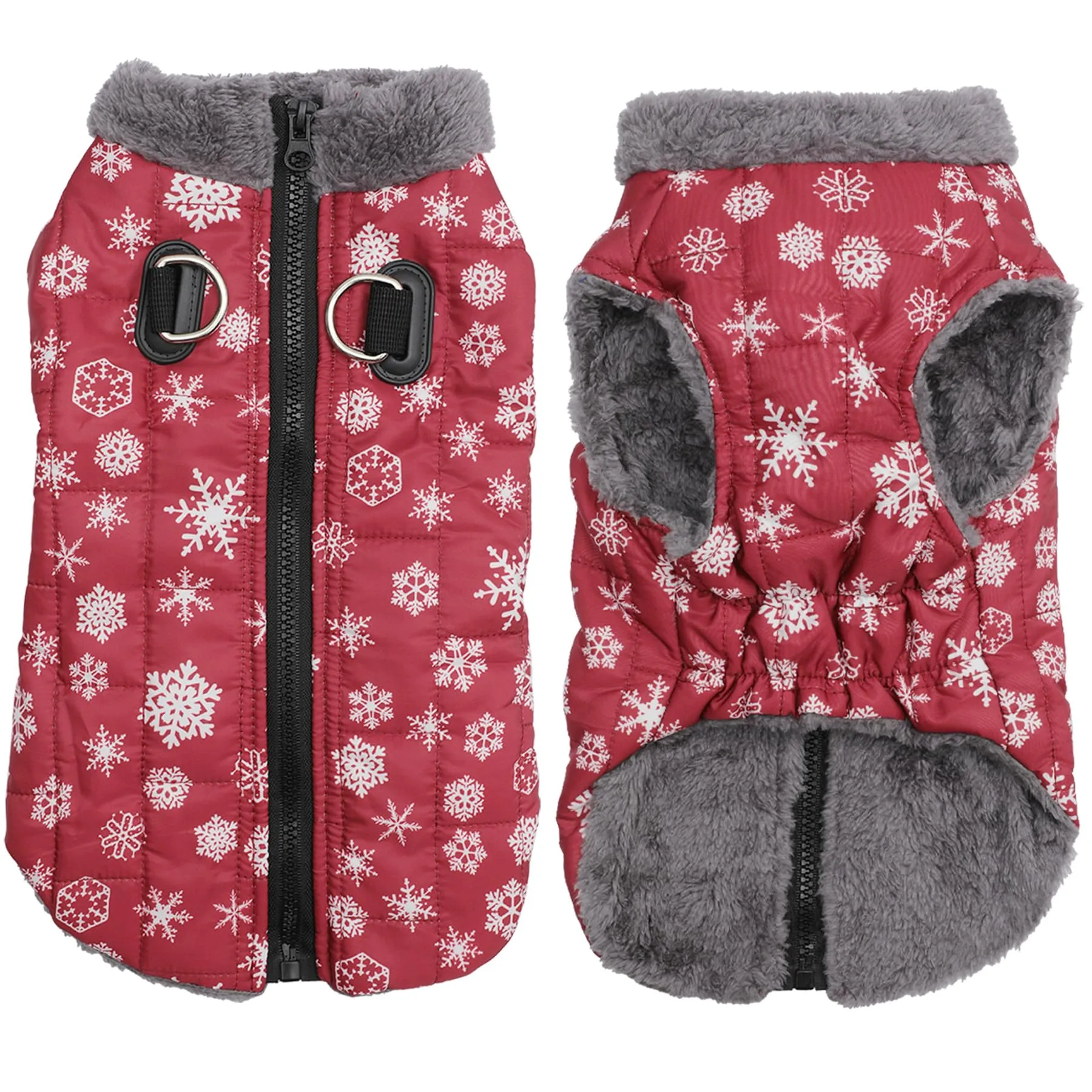 JoyDaog Cappottino invernale per cani in pile con pettorina integrata, impermeabile, rosso motivo neve, Taglia M - immagine 1