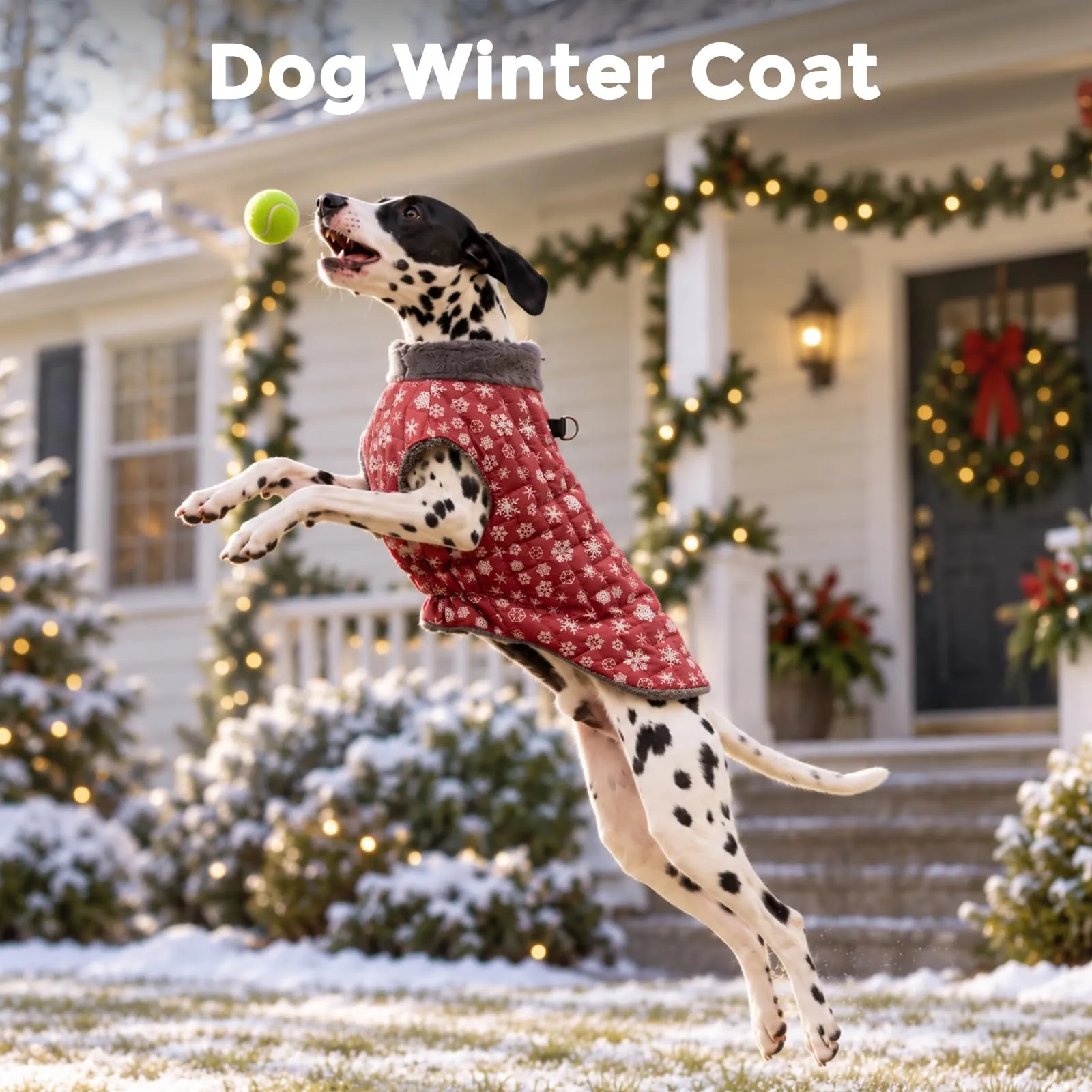 JoyDaog Cappottino per cani in pile caldo con pettorina integrata e anello a D, impermeabile, rosso motivo neve, taglia XL - immagine 2