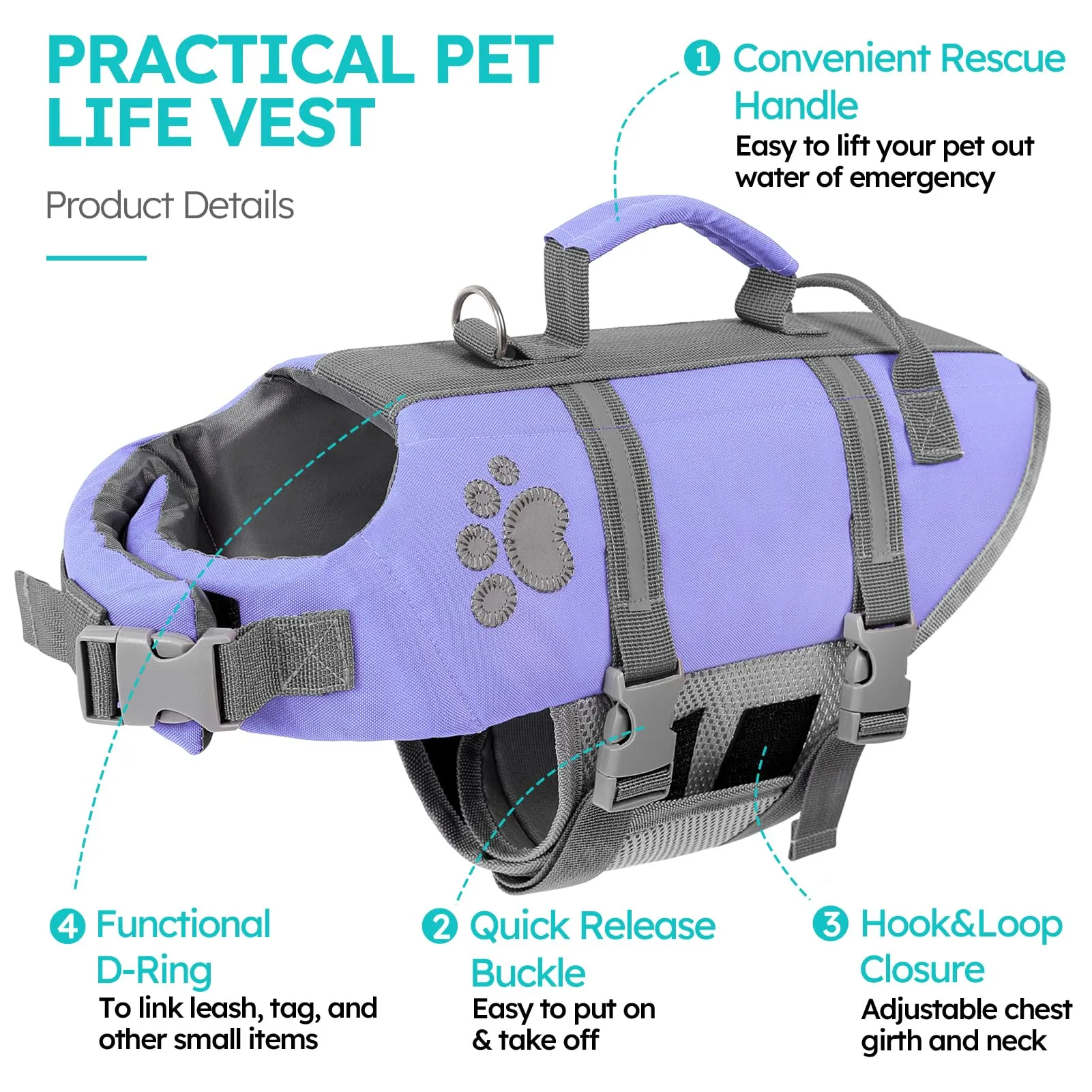Queenmore Giubbotto Salvagente per Cani Grandi, Regolabile e Riflettente, Lilac, XL - immagine 2