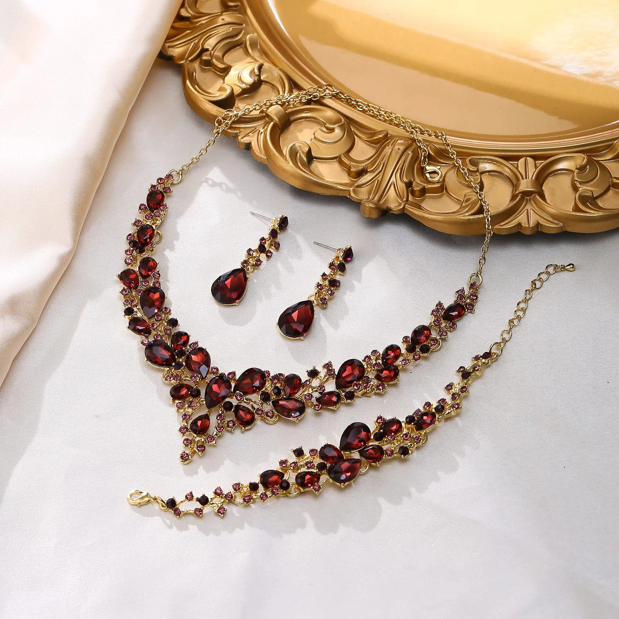 EVER FAITH Set di Gioielli con Cristalli austriaci, Collana, Orecchini Pendenti e Bracciale, Viola Oro Fondo - immagine 4