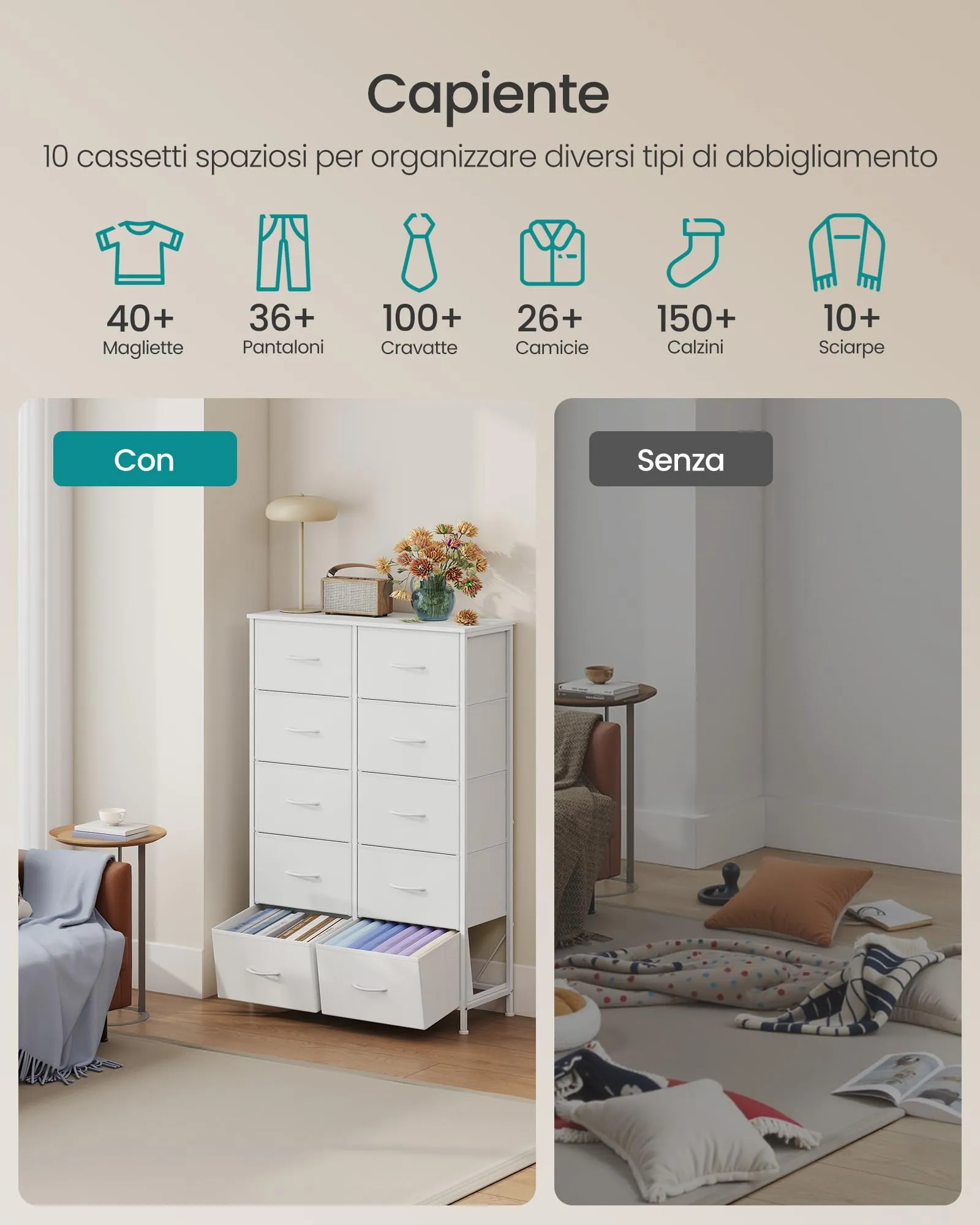 SONGMICS Cassettiera 10 Cassetti in Acciaio, Bianco Nuvola + Bianco Neve, LGS125WH01 - immagine 3