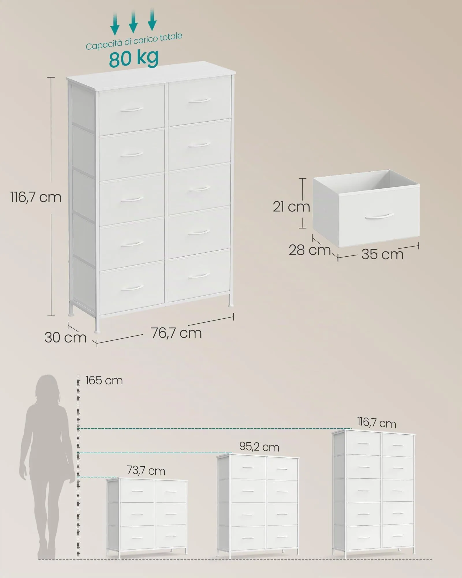 SONGMICS Cassettiera 10 Cassetti in Acciaio, Bianco Nuvola + Bianco Neve, LGS125WH01 - immagine 5