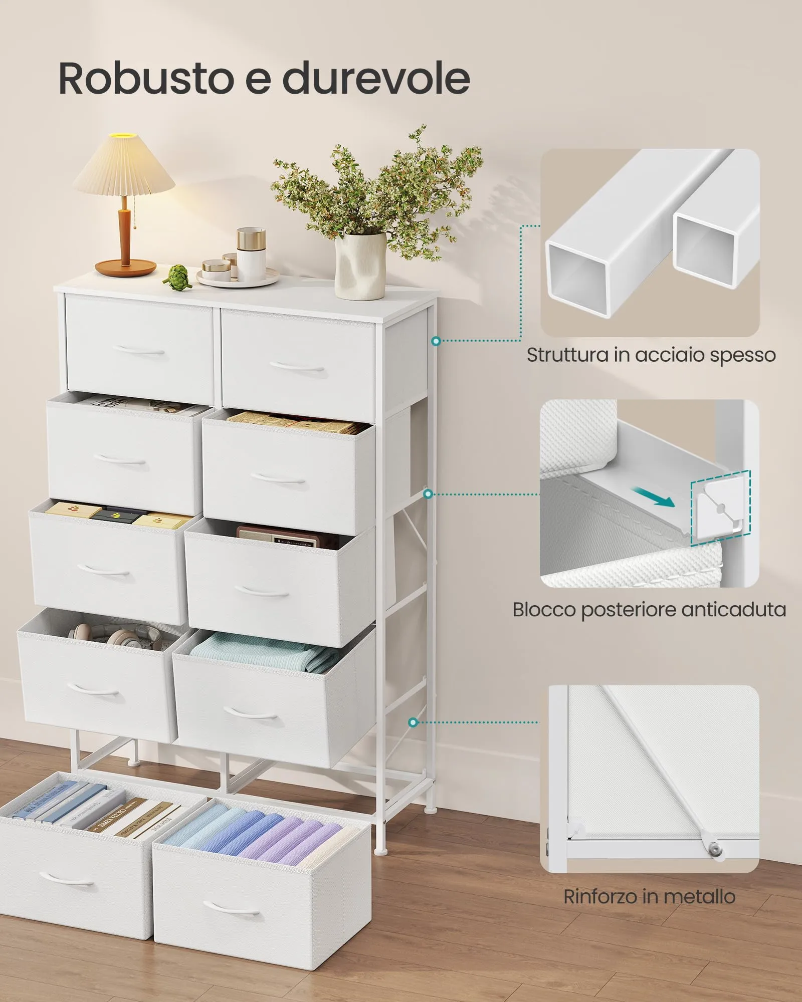 SONGMICS Cassettiera 10 Cassetti in Acciaio, Bianco Nuvola + Bianco Neve, LGS125WH01 - immagine 6