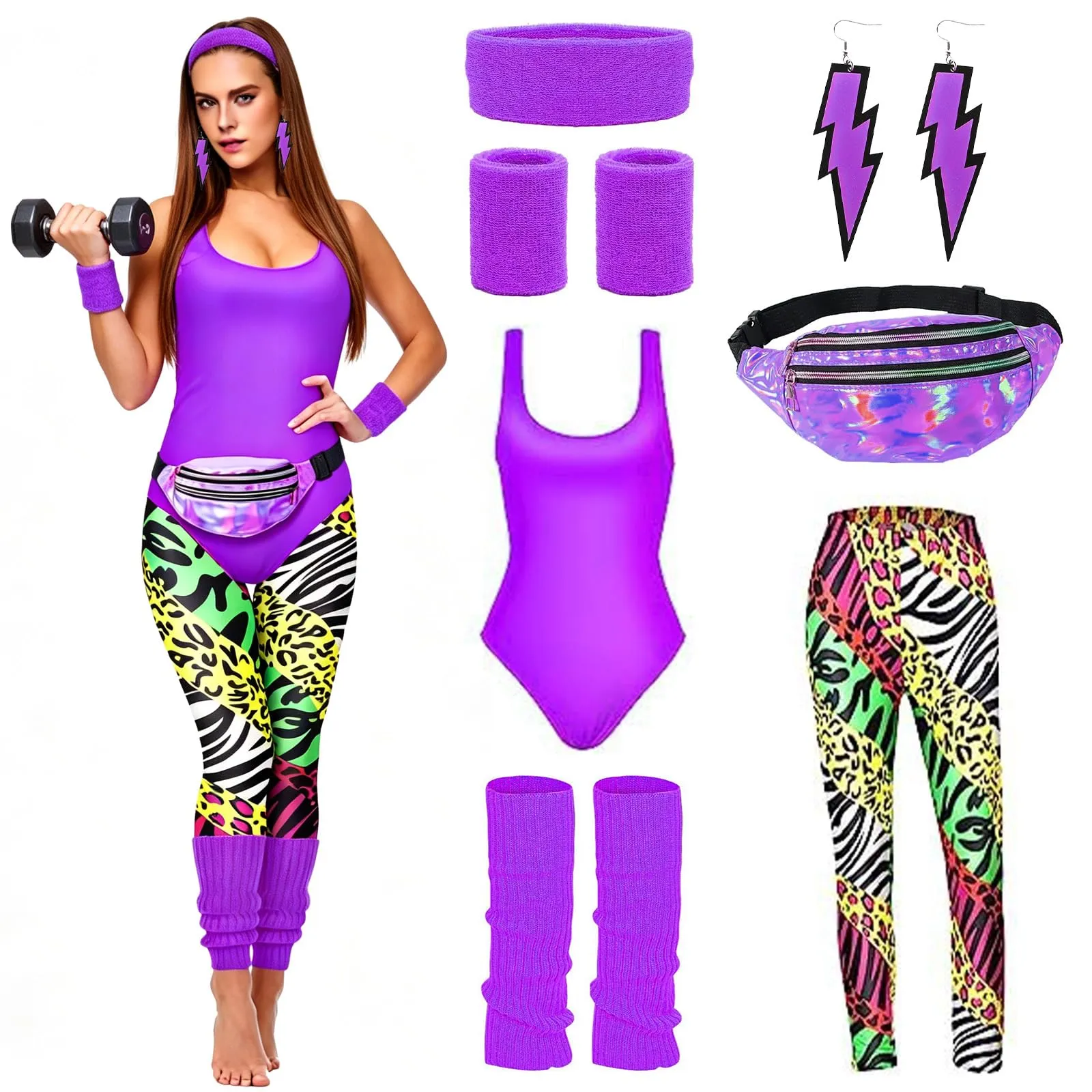 DAZZTIME Costume Anni 80 e 90 Donna Set Accessori Discoteca con Marsupio, XL, Viola - immagine 1