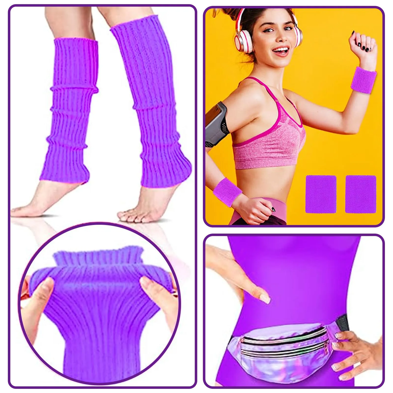 DAZZTIME Costume Anni 80 e 90 Donna Set Accessori Discoteca con Marsupio, XL, Viola - immagine 3