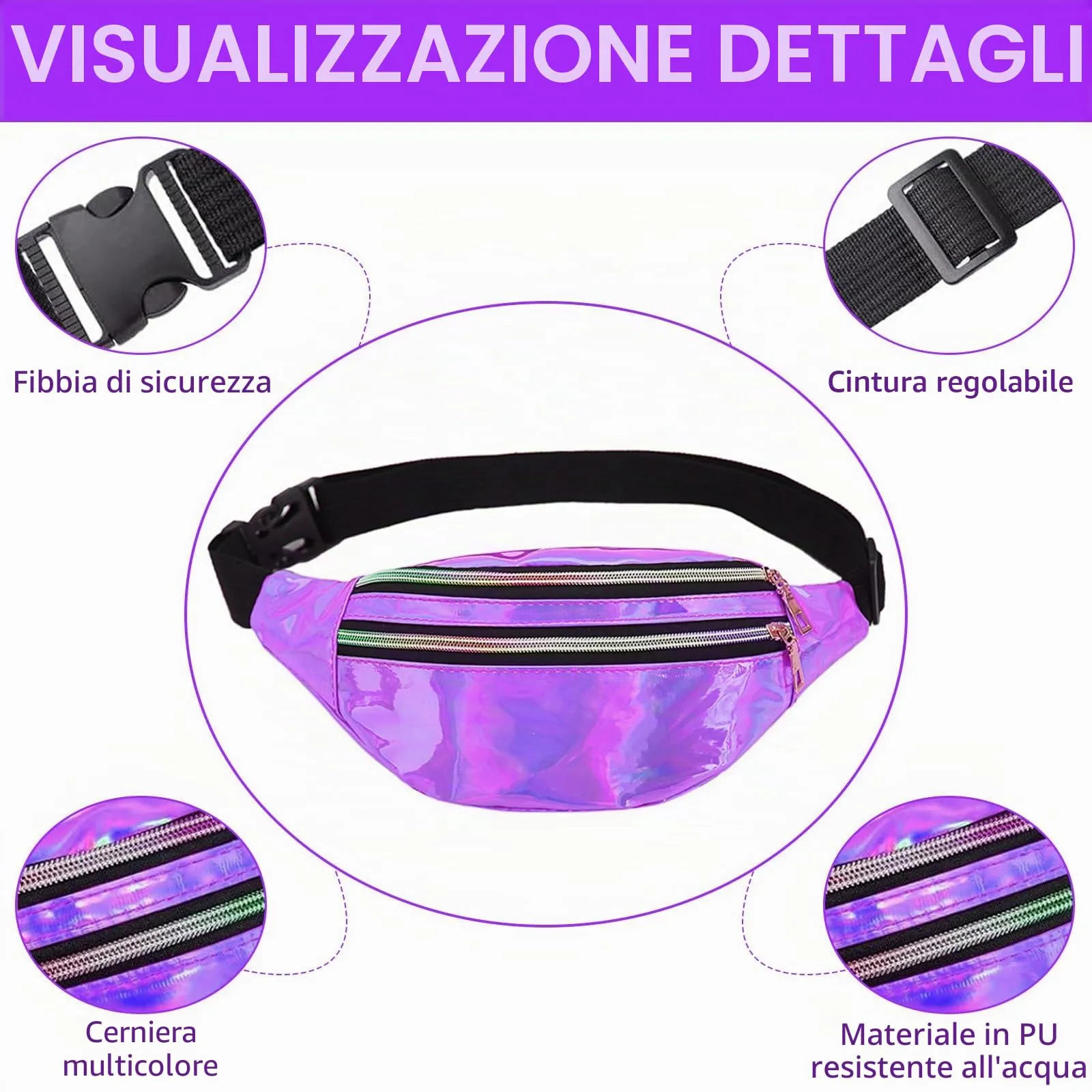 DAZZTIME Costume Anni 80 e 90 Donna Set Accessori Discoteca con Marsupio, XL, Viola - immagine 4