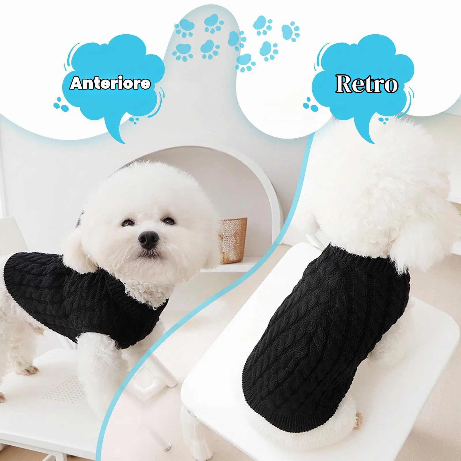 Fiohiros Maglioncino per Cani e Gatti, Taglia L, Bianco Perla e Nero - immagine 2