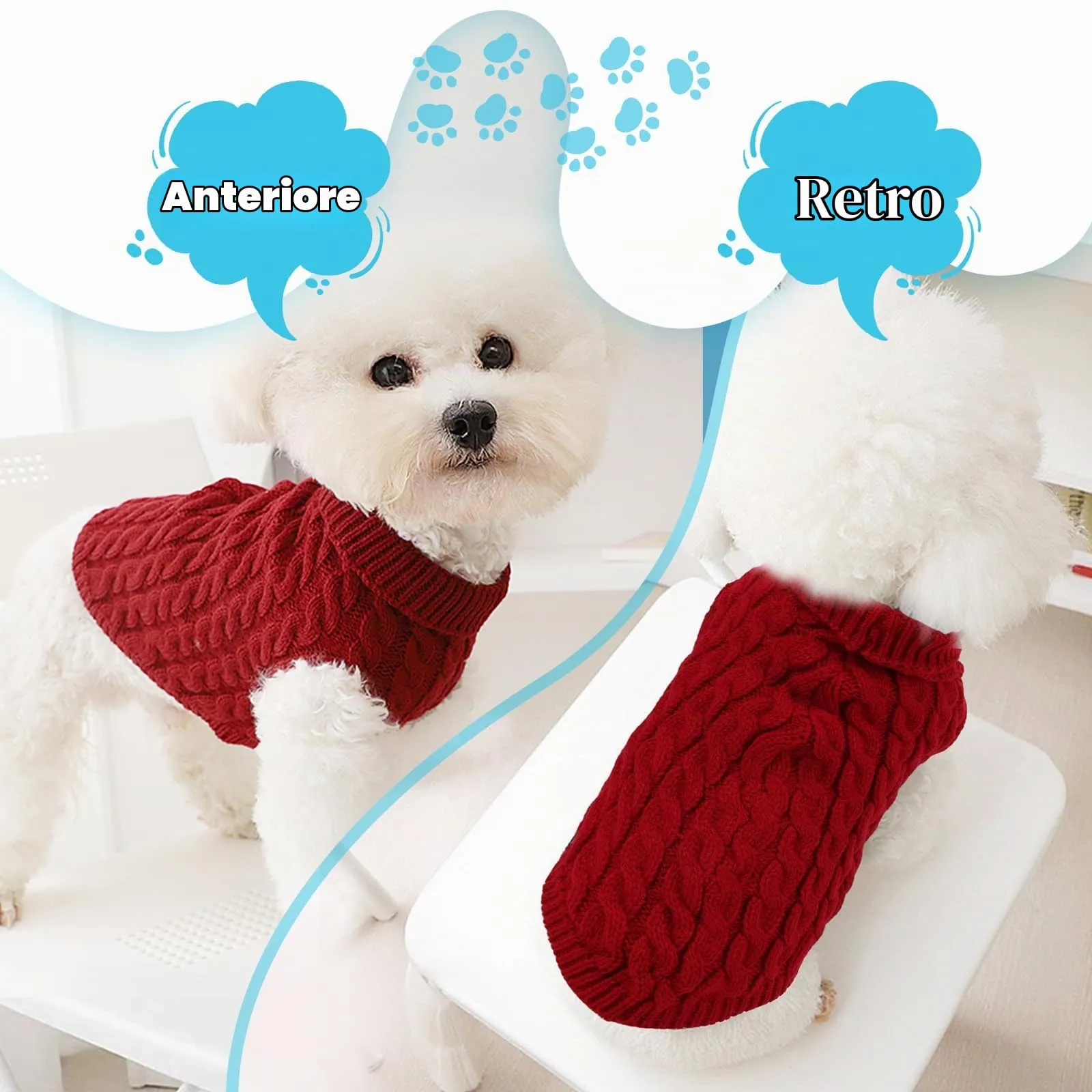 Fiohiros Maglione per Cani e Gatti, Tricotato Inverno, Rosso + Bianco, M - immagine 3