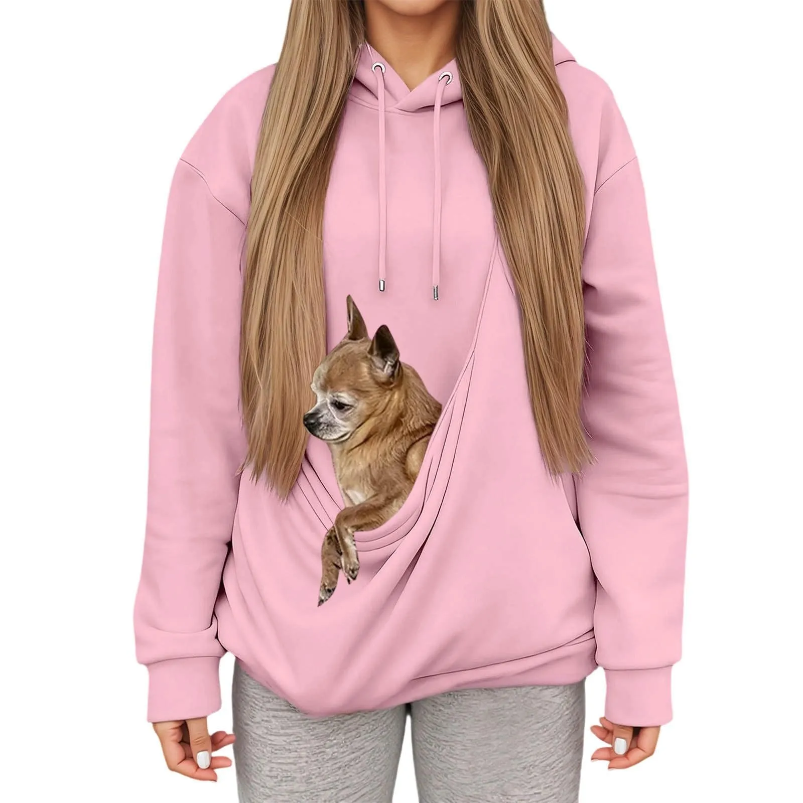 Felpa con Cappuccio Donna con Tasca Porta Animali per Cani e Gatti, Rosa, Taglia M - immagine 1