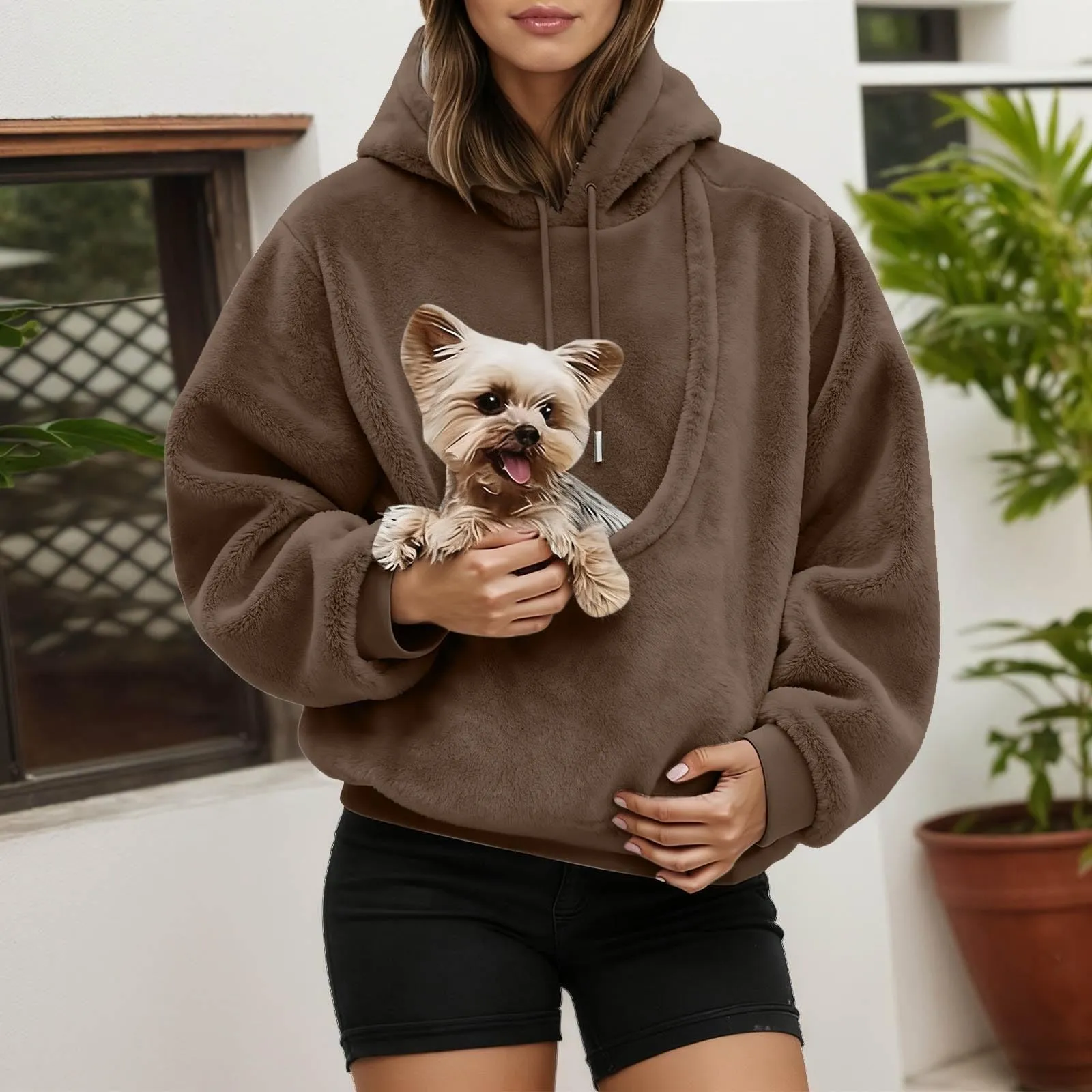Felpa con Cappuccio Donna con Tasca Porta Animali per Cani e Gatti - immagine 3