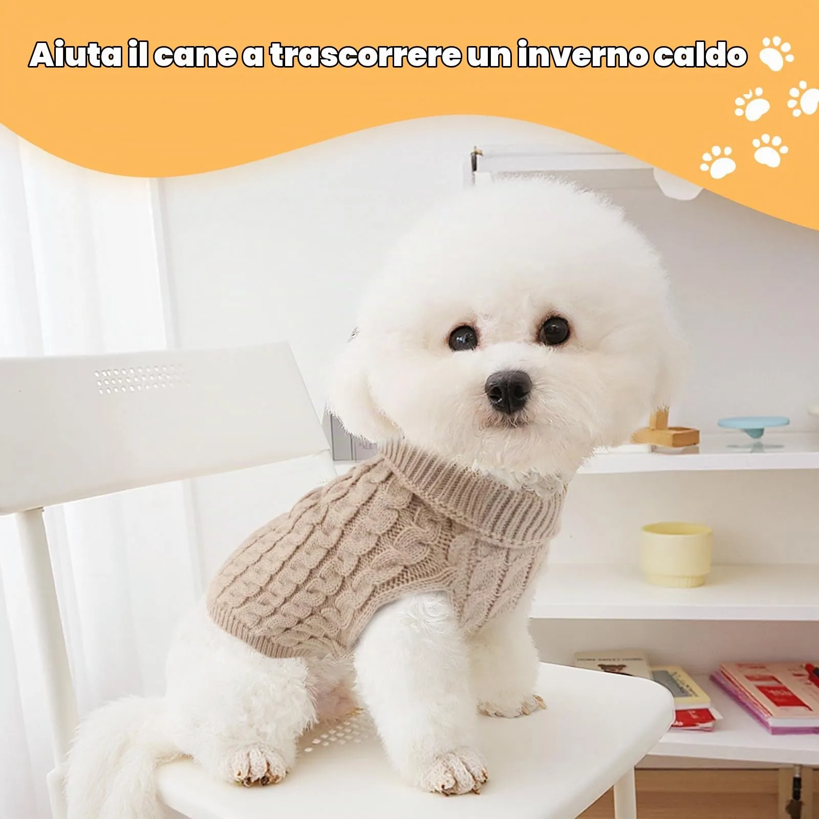 Fiohiros Maglione per Cani e Gatti, Collo Alto, Taglia L, Bianco Perla + Rossetto - immagine 7