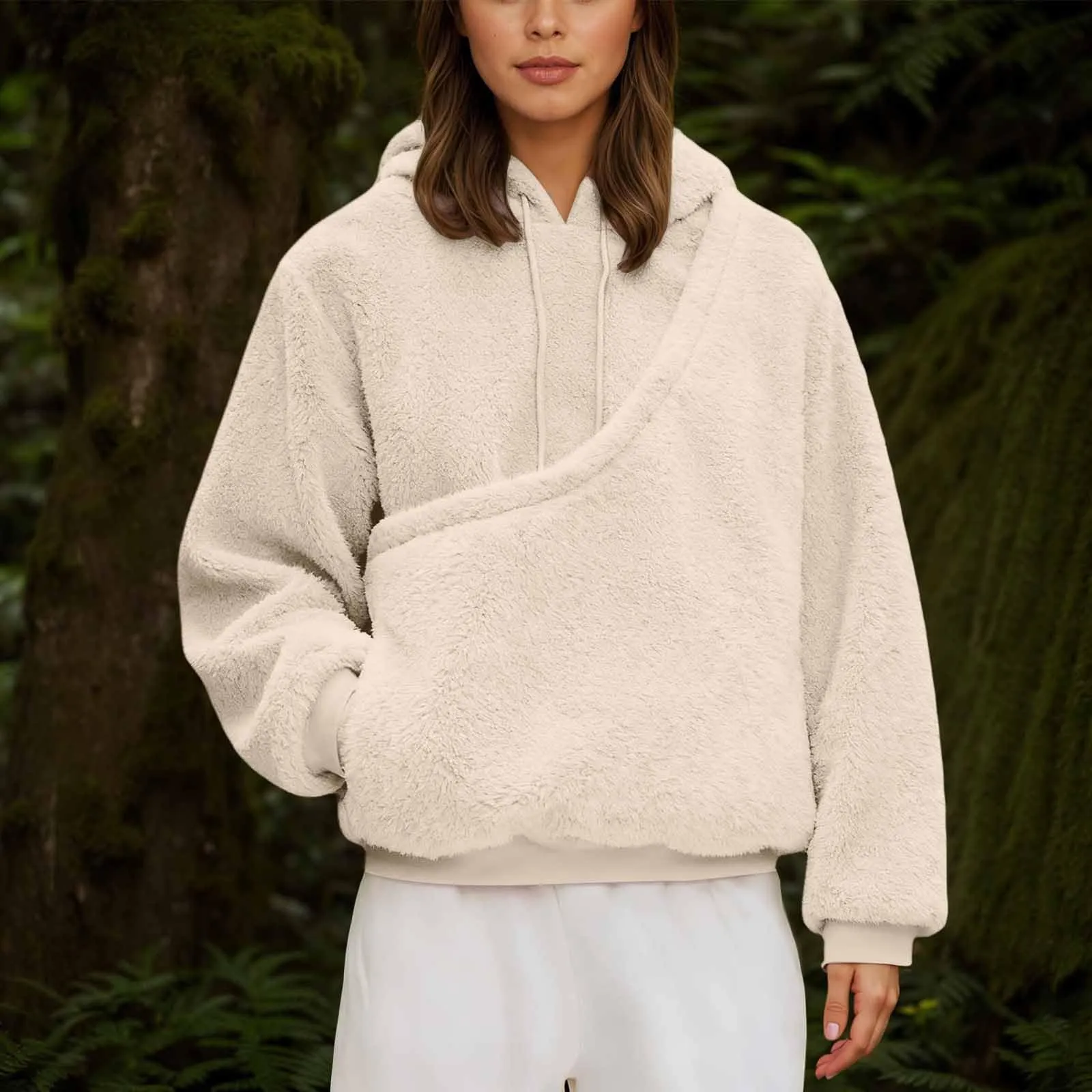 Felpa con Cappuccio Donna con Tasca Porta Animali per Cani e Gatti, Pullover Casual Invernale beige, Taglia M - immagine 2