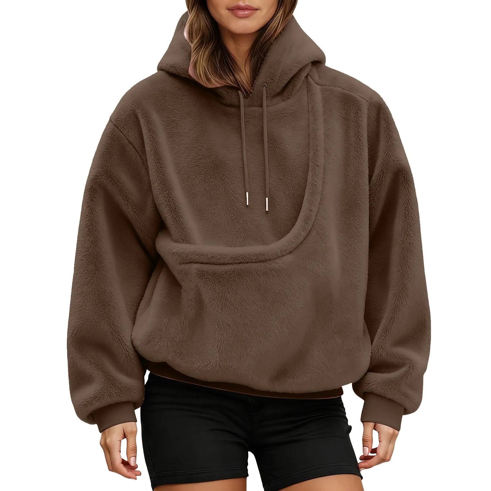 Felpa con Cappuccio Donna con Tasca Porta Animali per Cani e Gatti, Pullover Casual Invernale, Marrone, XL - immagine 8