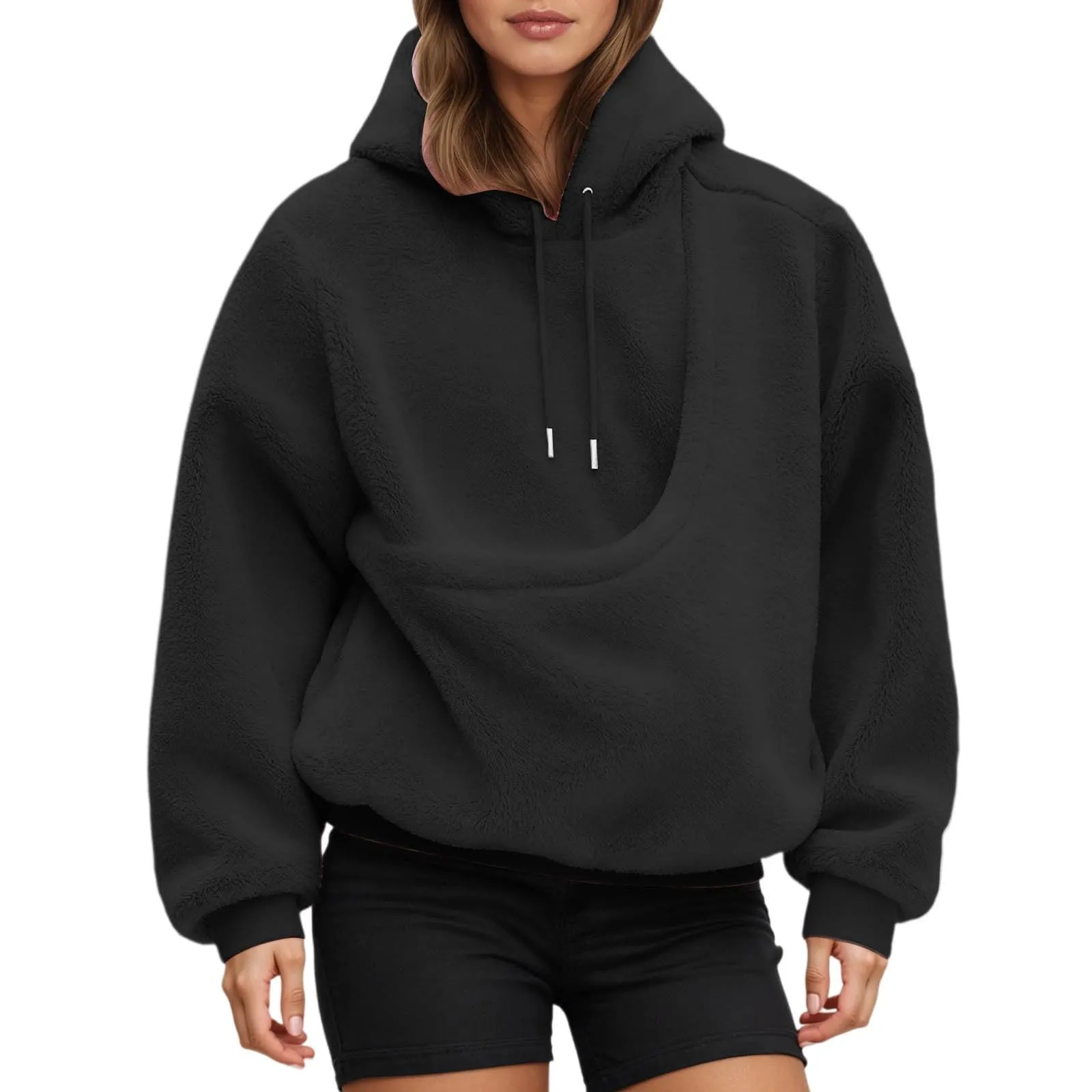 Felpa con Cappuccio Donna con Tasca Porta Animali Canguro Pullover Casual Invernale - immagine 2
