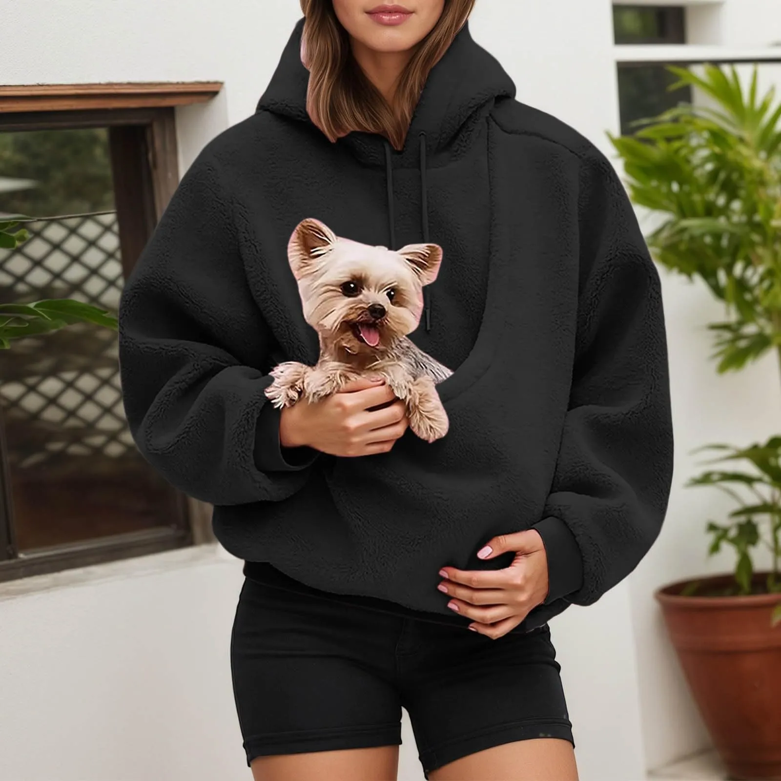 Felpa con Cappuccio Donna con Tasca Porta Animali Canguro Pullover Casual Invernale - immagine 3