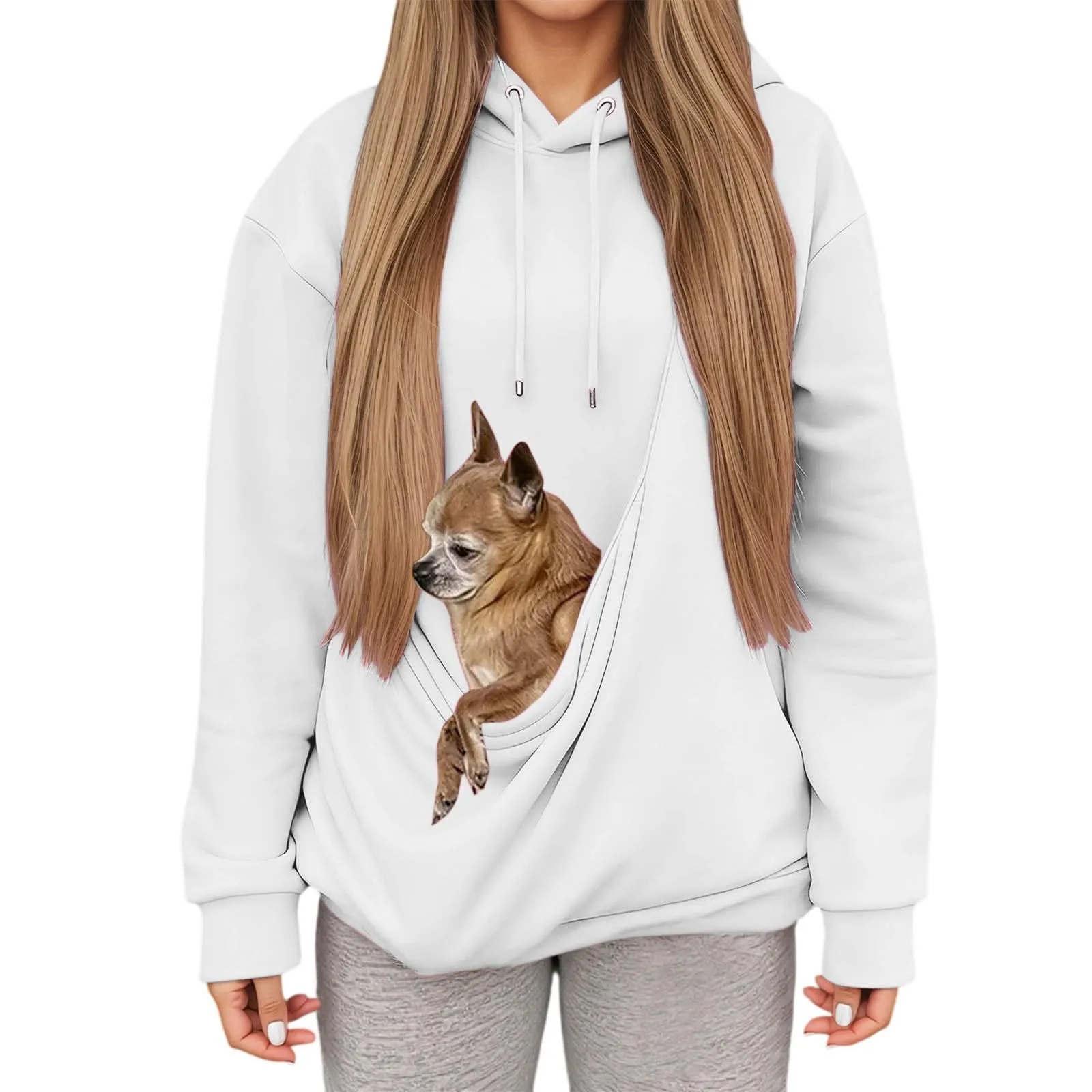 Felpa con Cappuccio Donna con Tasca Porta Animali per Cani e Gatti, Pullover Casual Invernale, Bianca, Taglia M - immagine 2
