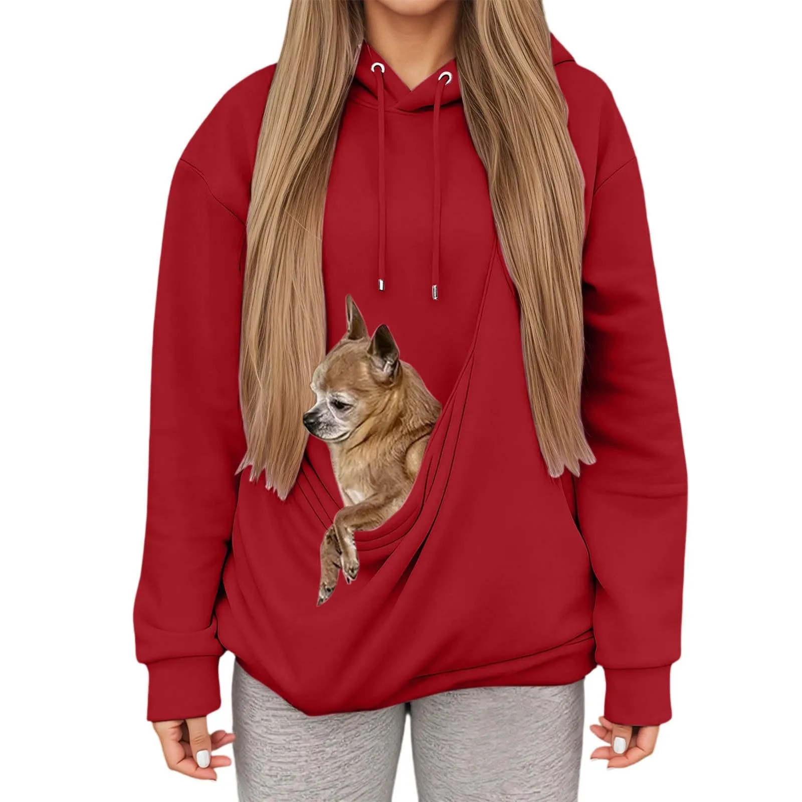 Generico Felpa con Cappuccio Donna con Tasca Porta Animali e Marsupio per Cani e Gatti, Pullover Casual Invernale - immagine 2