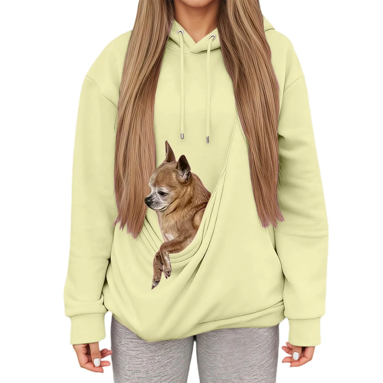 Felpa con Cappuccio Donna con Tasca Porta Animali per Cani e Gatti, Pullover Casual Invernale - immagine 2