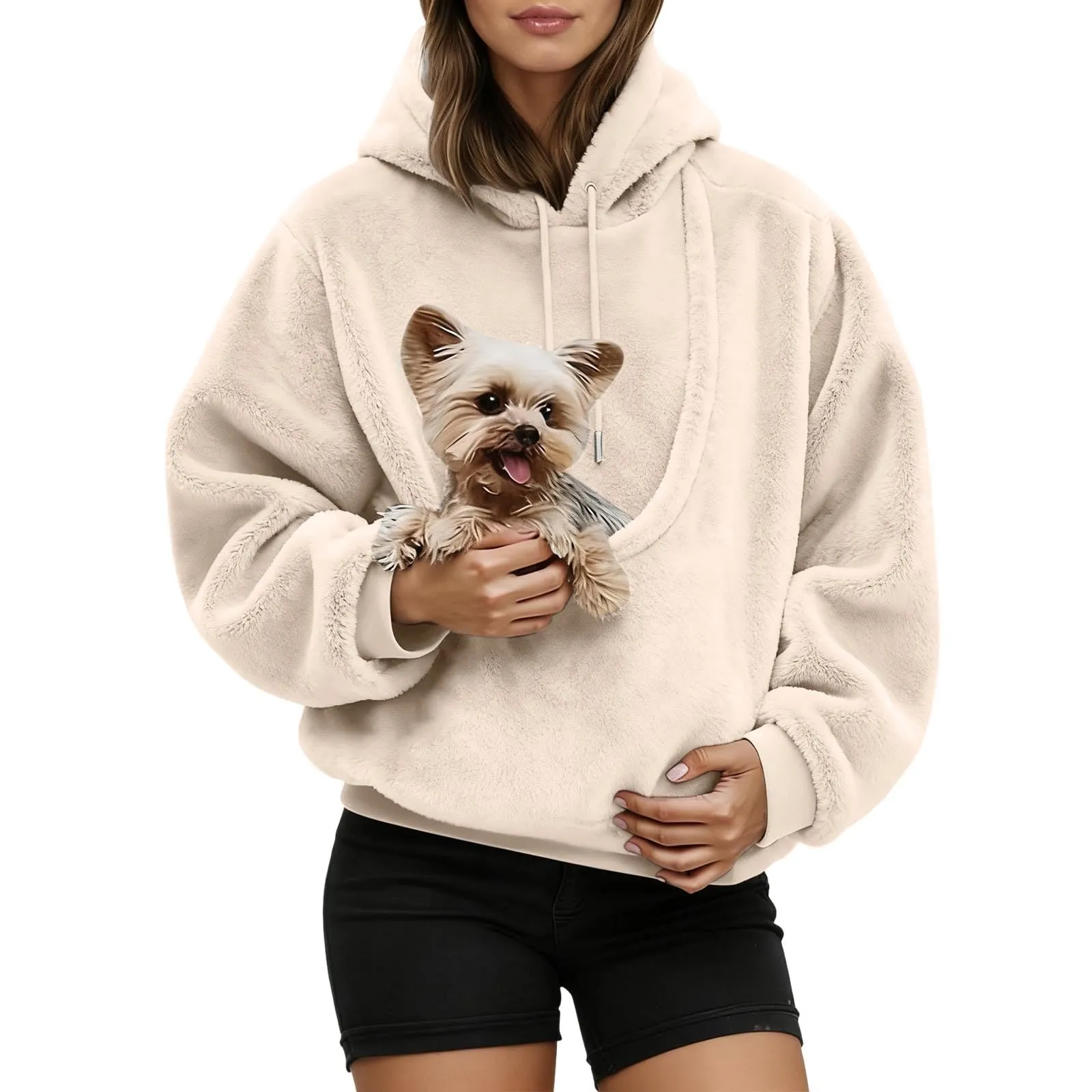Felpa con Cappuccio Donna con Tasca Porta Animali per Cani e Gatti, Pullover Casual Invernale - Beige, XL - immagine 1