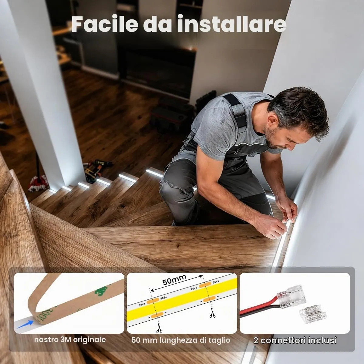 illuburg Striscia LED COB 24V Bianco Freddo 6000K 2,5m 480LED/m CRI90+ Dimmerabile Autoadesiva - immagine 4