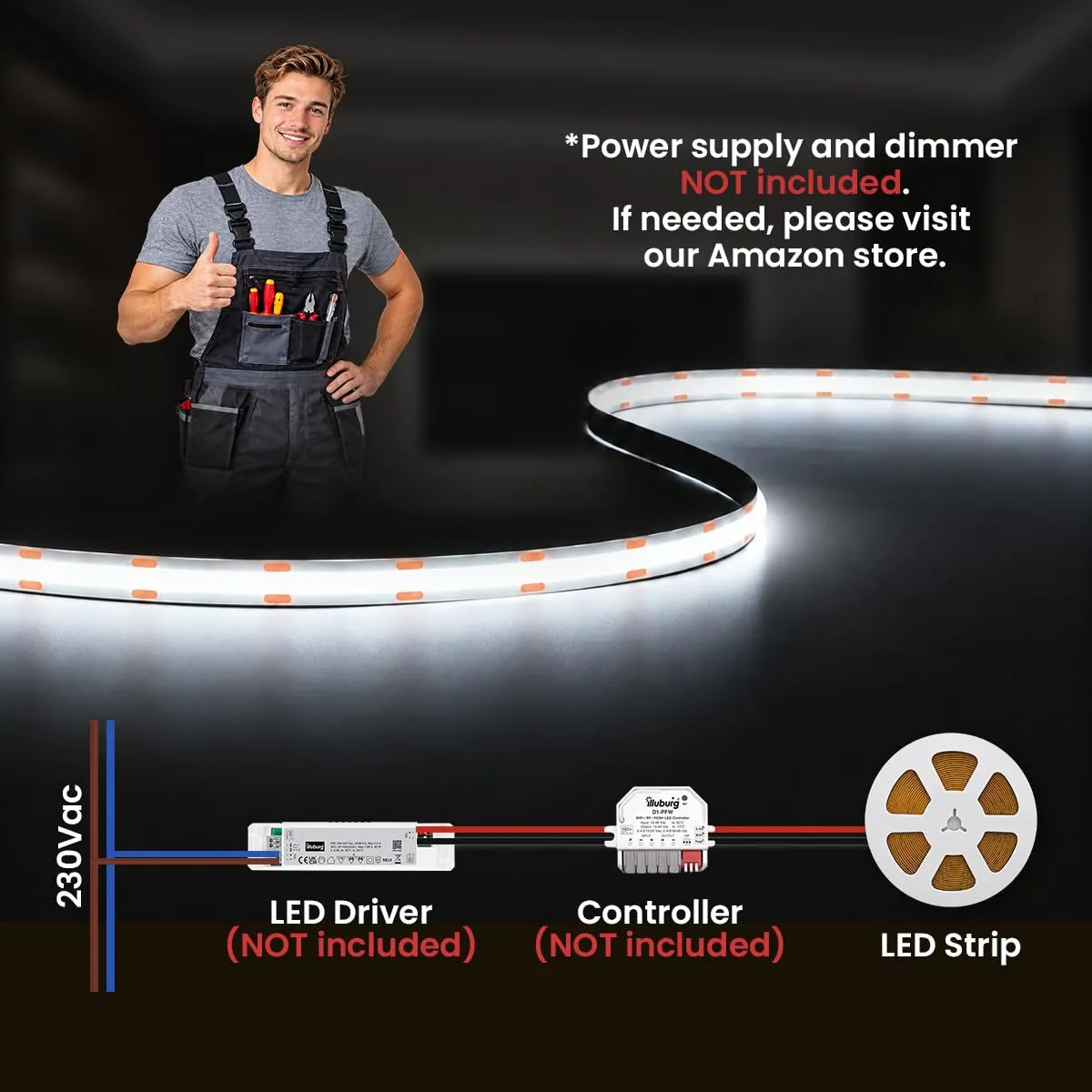 illuburg Striscia LED COB 24V Bianco Freddo 6000K 2,5m 480LED/m CRI90+ Dimmerabile Autoadesiva - immagine 5
