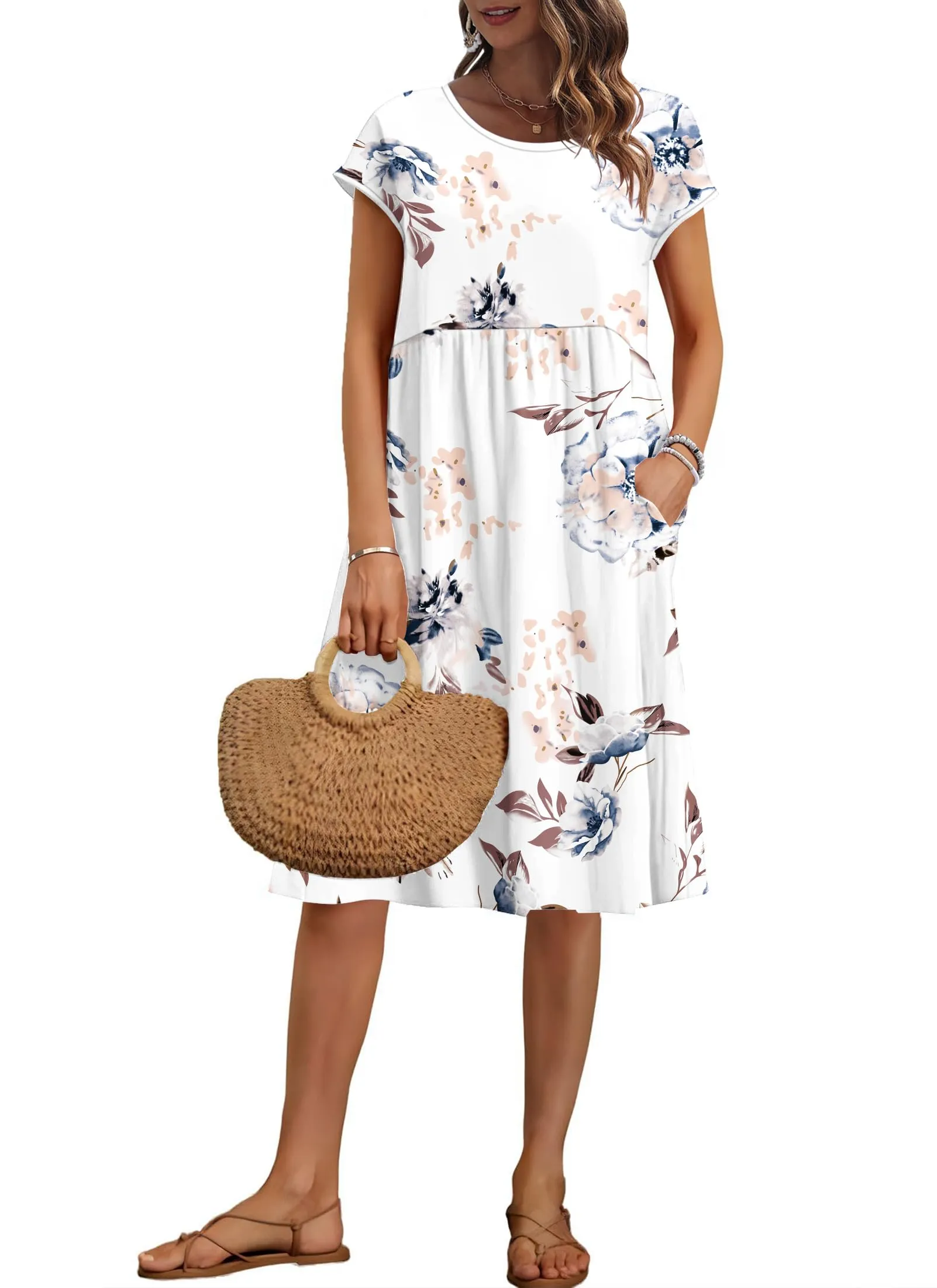 AUSELILY Vestito Estivo Donna Maniche Corte Abito al Ginocchio con Tasche - immagine 1