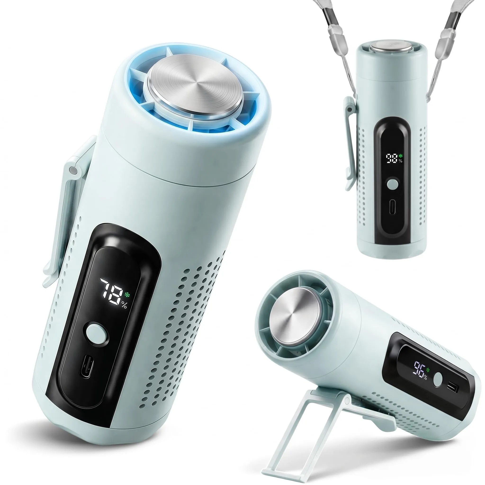 LUCYLANKER Mini Ventilatore Portatile 3 in 1 con Piastra Raffreddante, 5 Velocità, Display LED, USB-C, Clip, Supporto e Torcia, Blu - immagine 1