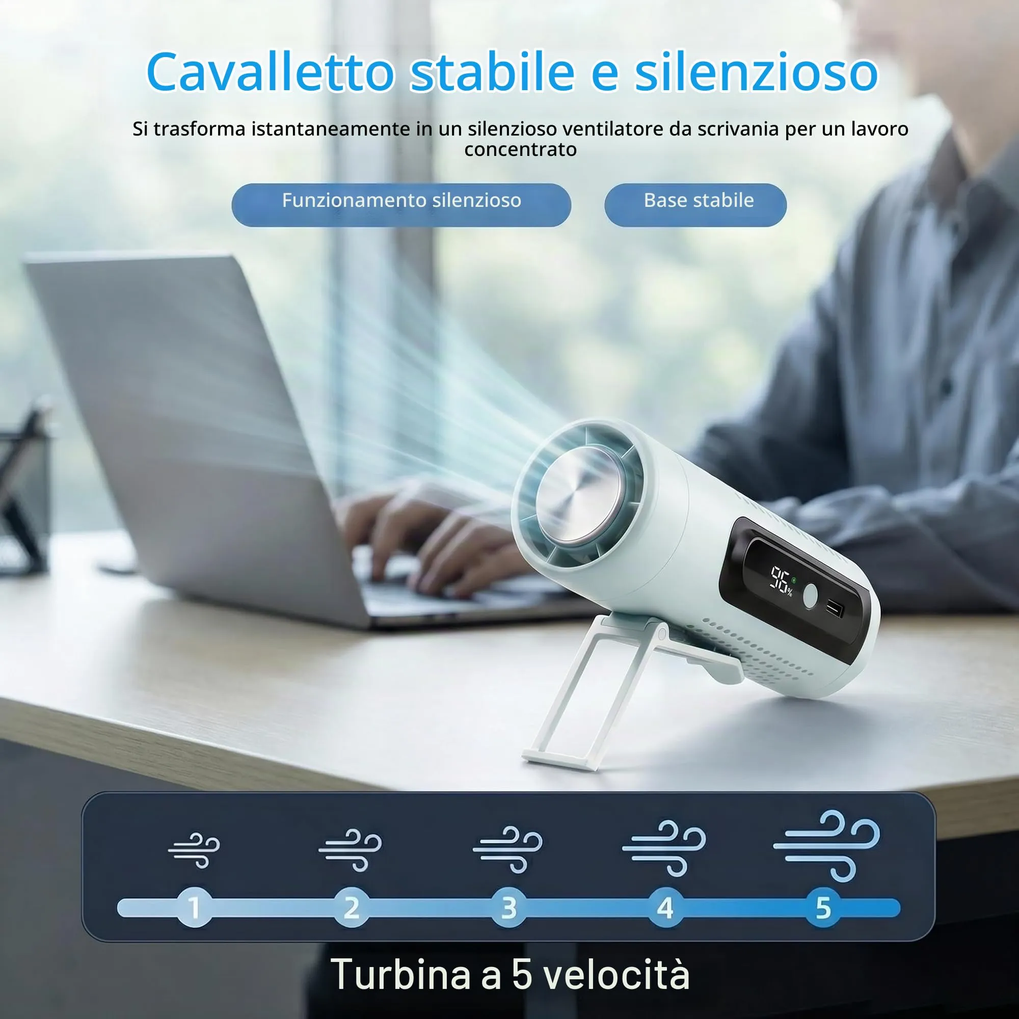 LUCYLANKER Mini Ventilatore Portatile 3 in 1 con Piastra Raffreddante, 5 Velocità, Display LED, USB-C, Clip, Supporto e Torcia, Blu - immagine 5