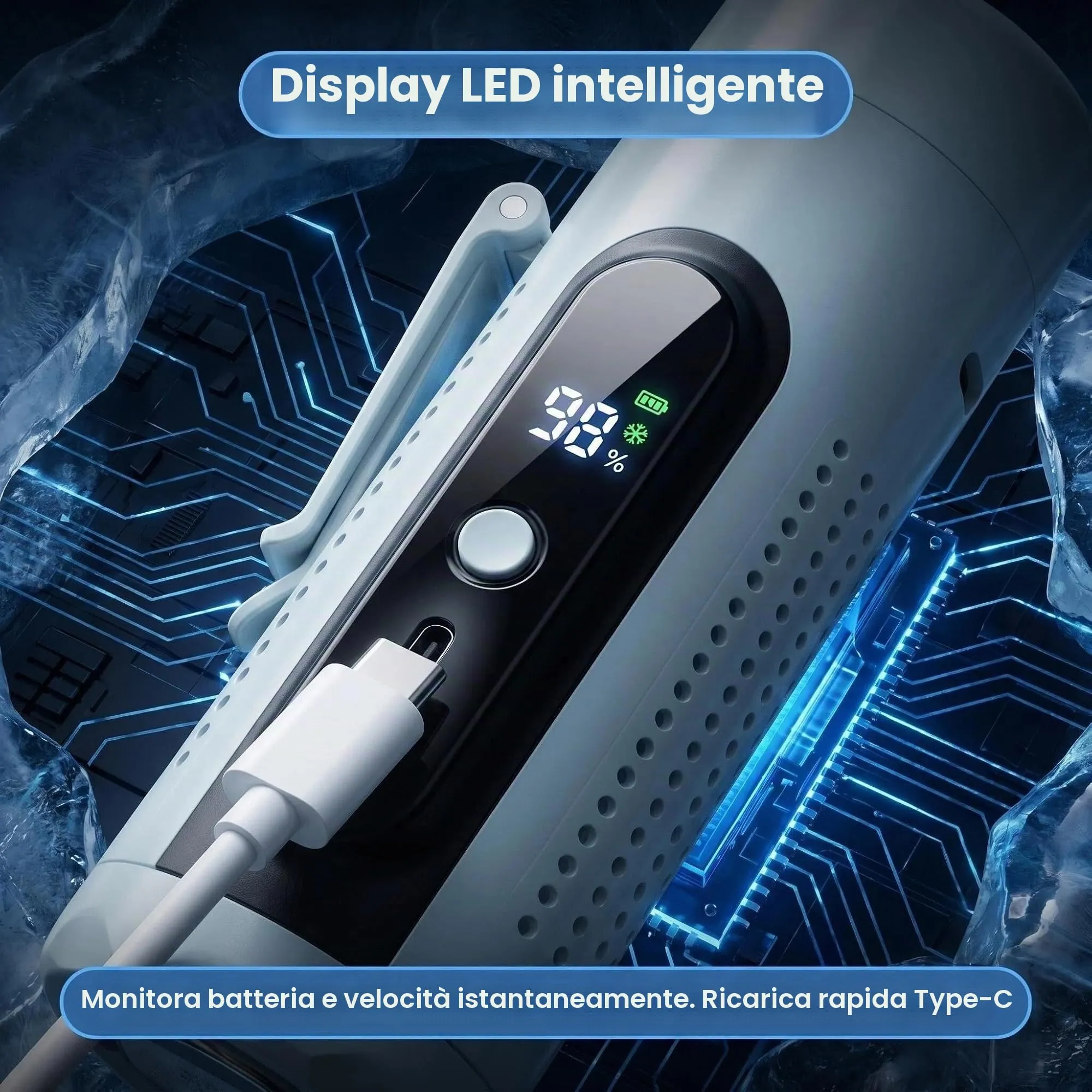LUCYLANKER Mini Ventilatore Portatile 3 in 1 con Piastra Raffreddante, 5 Velocità, Display LED, USB-C, Clip, Supporto e Torcia, Blu - immagine 7